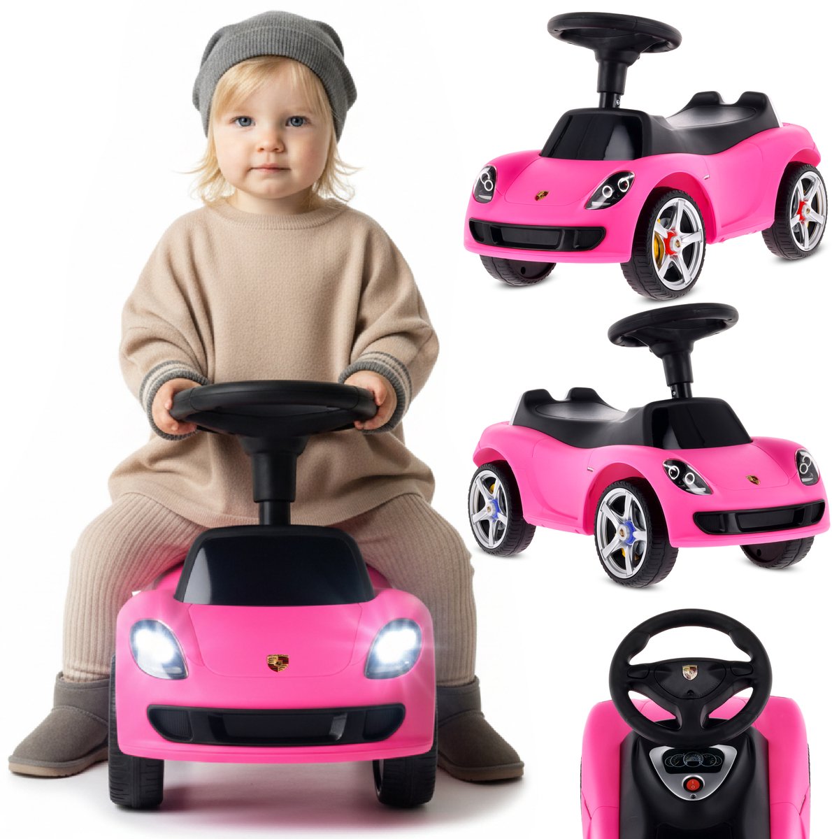 sun baby Loopauto voor kinderen vanaf 18 maanden - Porsche Carrera GT - stuur met knoppen, koplampen, realistische stickers, tot 30 kg, roze (5905525356180)