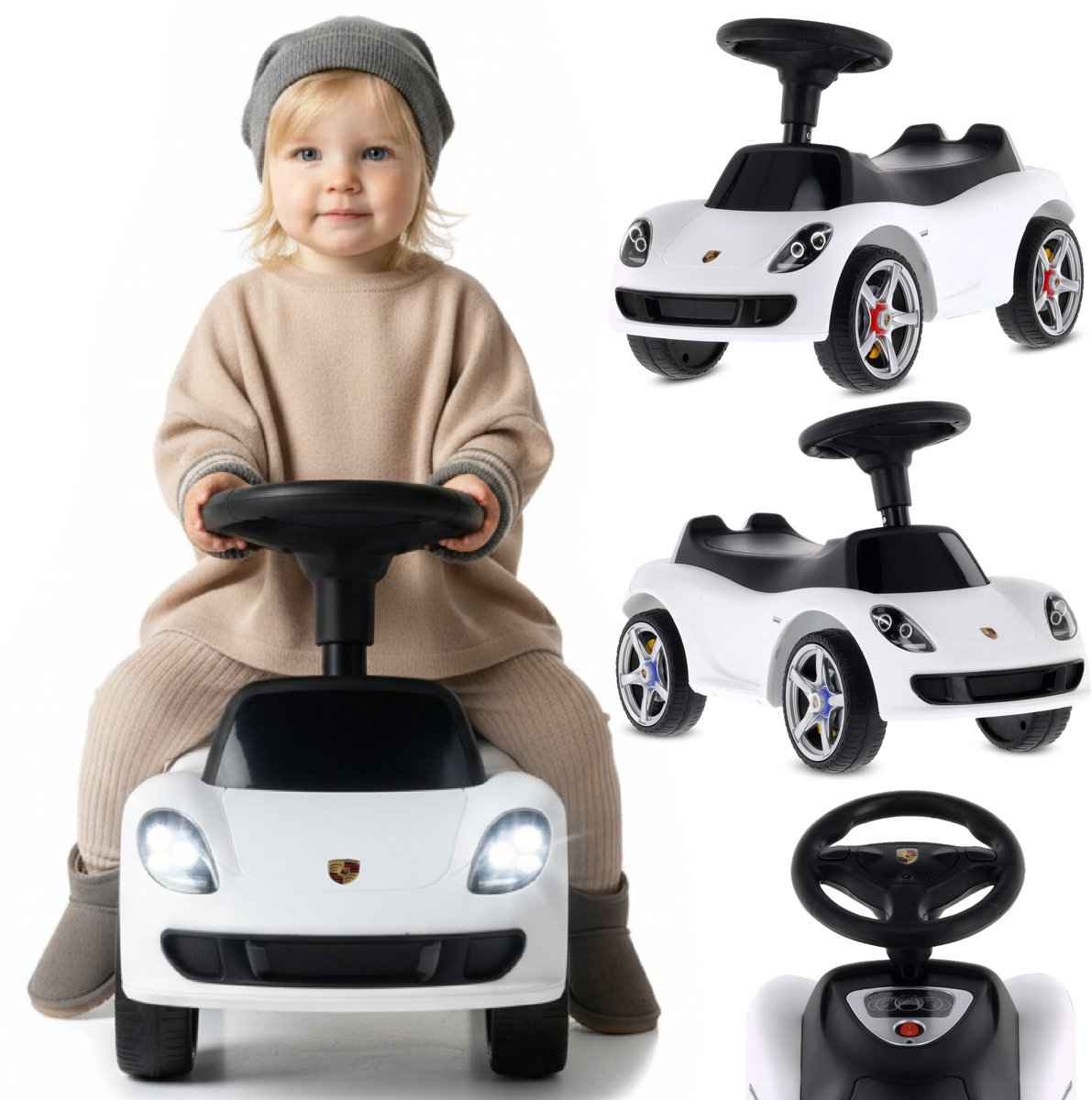 sun baby Loopauto voor kinderen vanaf 18 maanden - Porsche Carrera GT - stuur met knoppen, koplampen, realistische stickers, tot 30 kg, wit (5905525356173)