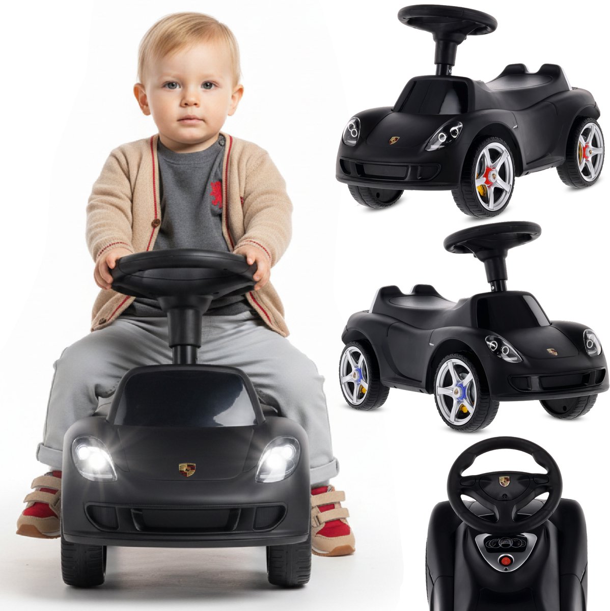 sun baby Loopauto voor kinderen vanaf 18 maanden - Porsche Carrera GT - stuur met knoppen, koplampen, realistische stickers, tot 30 kg, zwart (5905525356197)