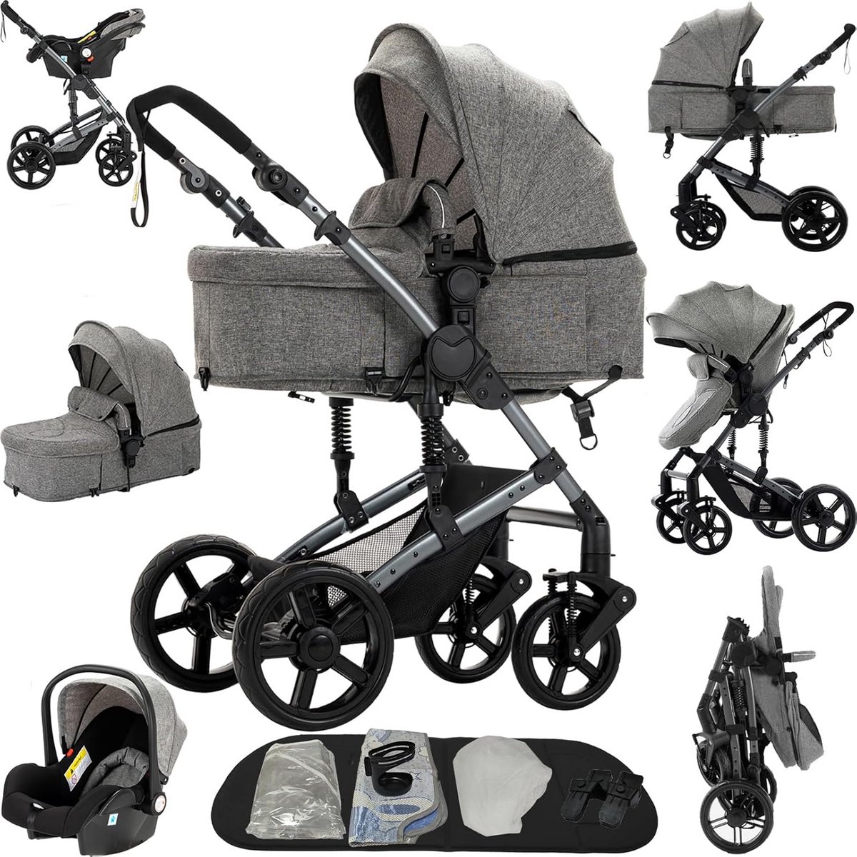 3-in-1 Kinderwagen Set met Omkeerbare Duwstand en Aluminium Frame - Inclusief Slaap- en Zitgedeelte (9101077923542)