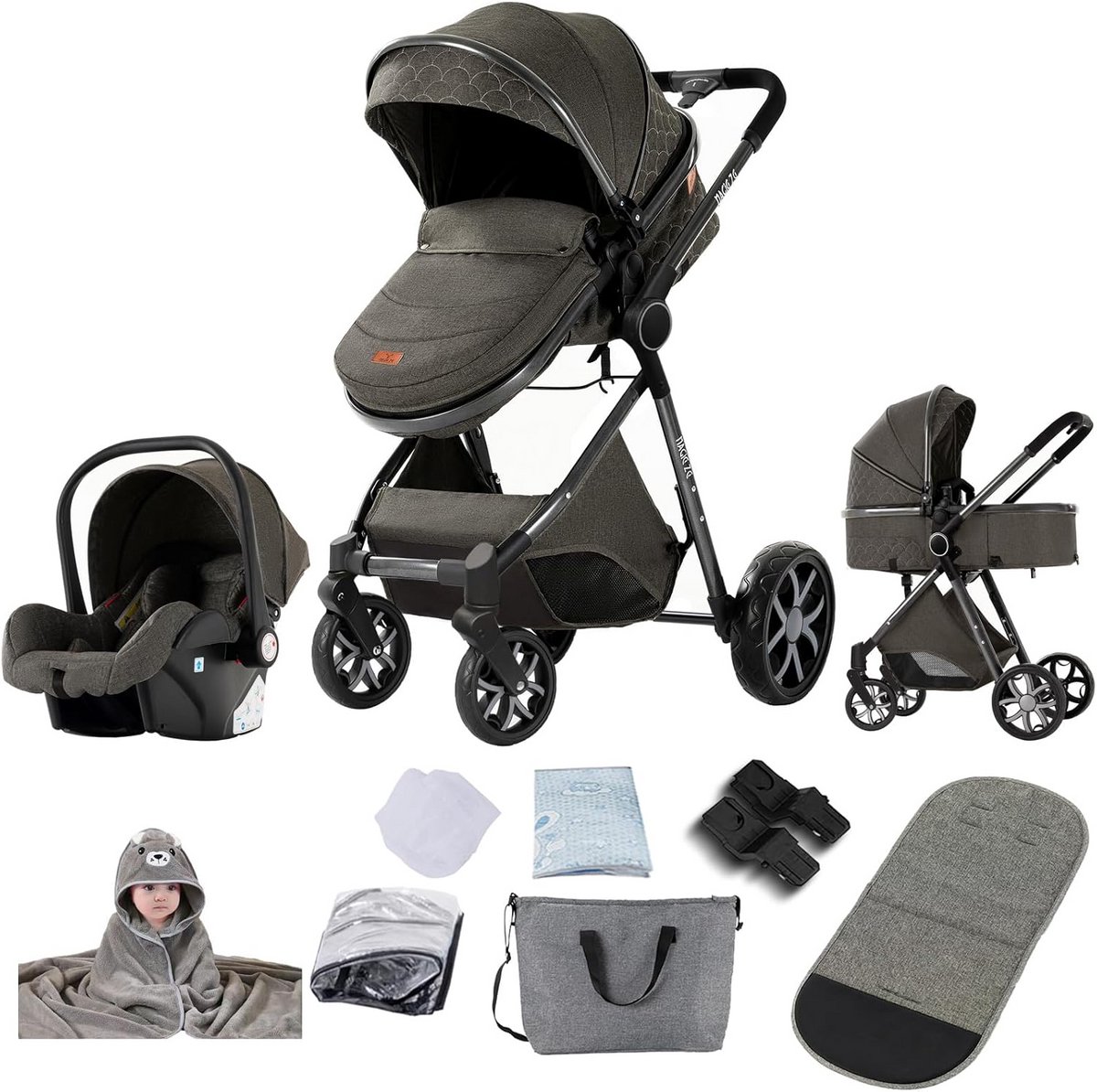 3-in-1 Kinderwagen Trio met Omkeerbare Duwstang en Inklapbaar Aluminium Frame (9101077914847)