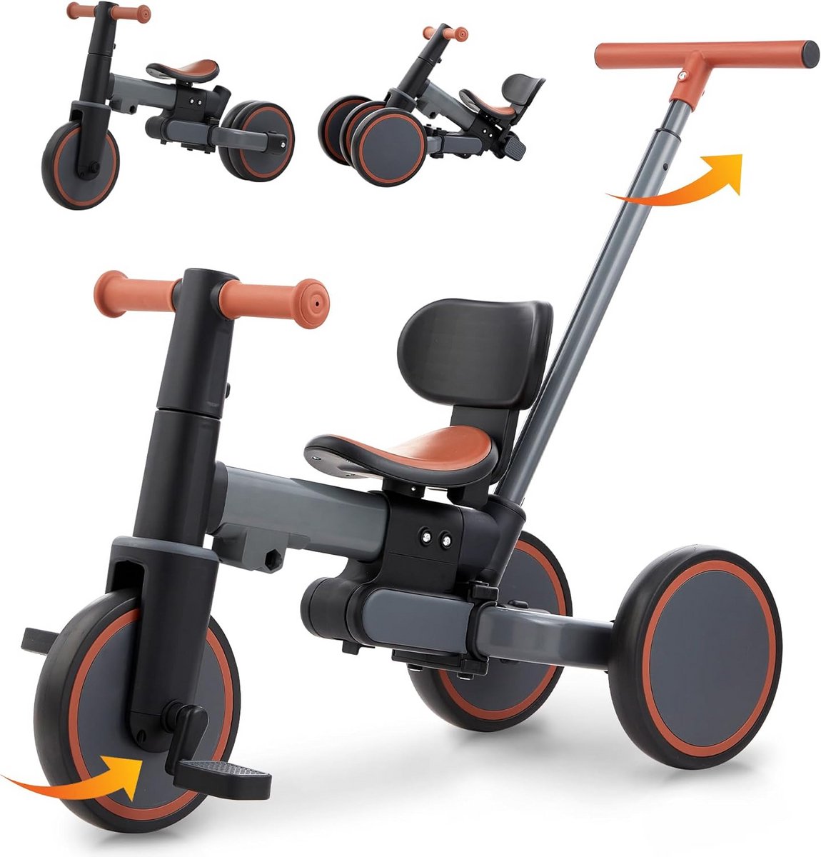 5-in-1 driewieler en loopfiets met duwstang, kinderfiets vanaf 18 maanden tot 5 jaar, groeit mee met kind, met belletje en bakje (9101032793388)