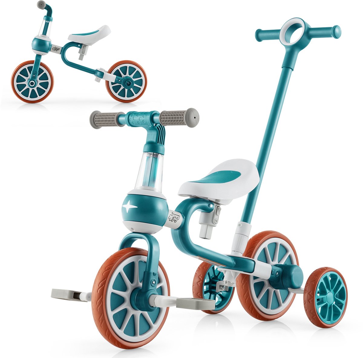 COSTWAY 4-in-1 kinderdriewieler, loopfiets, balansfiets en duwauto met verstelbare duwgreep en afneembare pedalen, voor kinderen vanaf 1 jaar, groen (0672669047445)