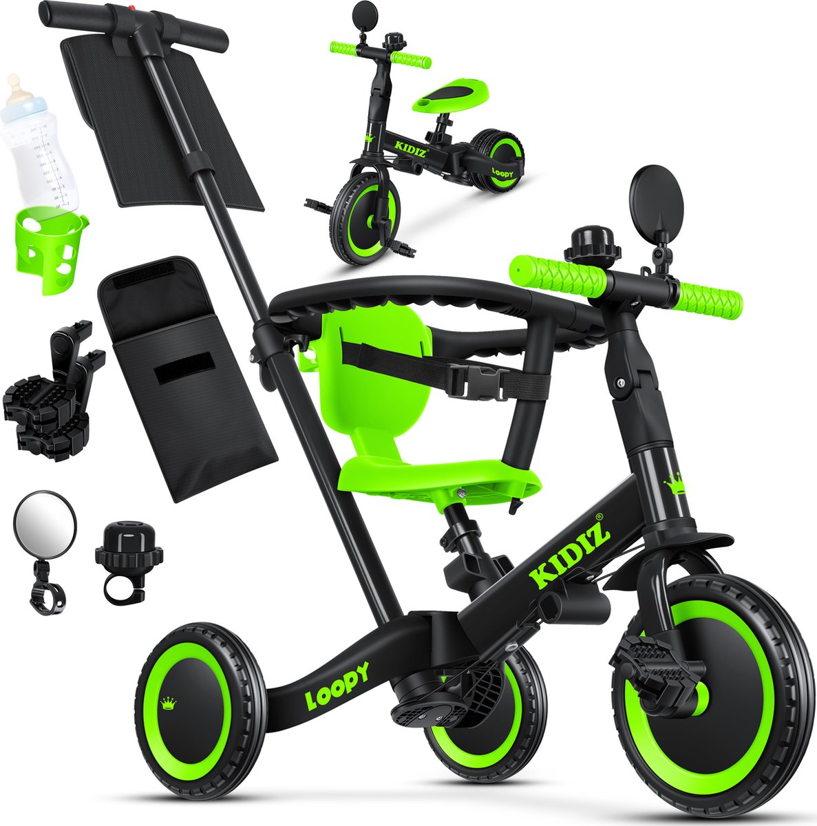 KIDIZ® Loopfiets 6in1 voor Jongens en Meisjes van 1 tot 5 jaar - Driewieler voor Kinderen tot 25 kg Kinderfiets - Zwart (4255598322652)