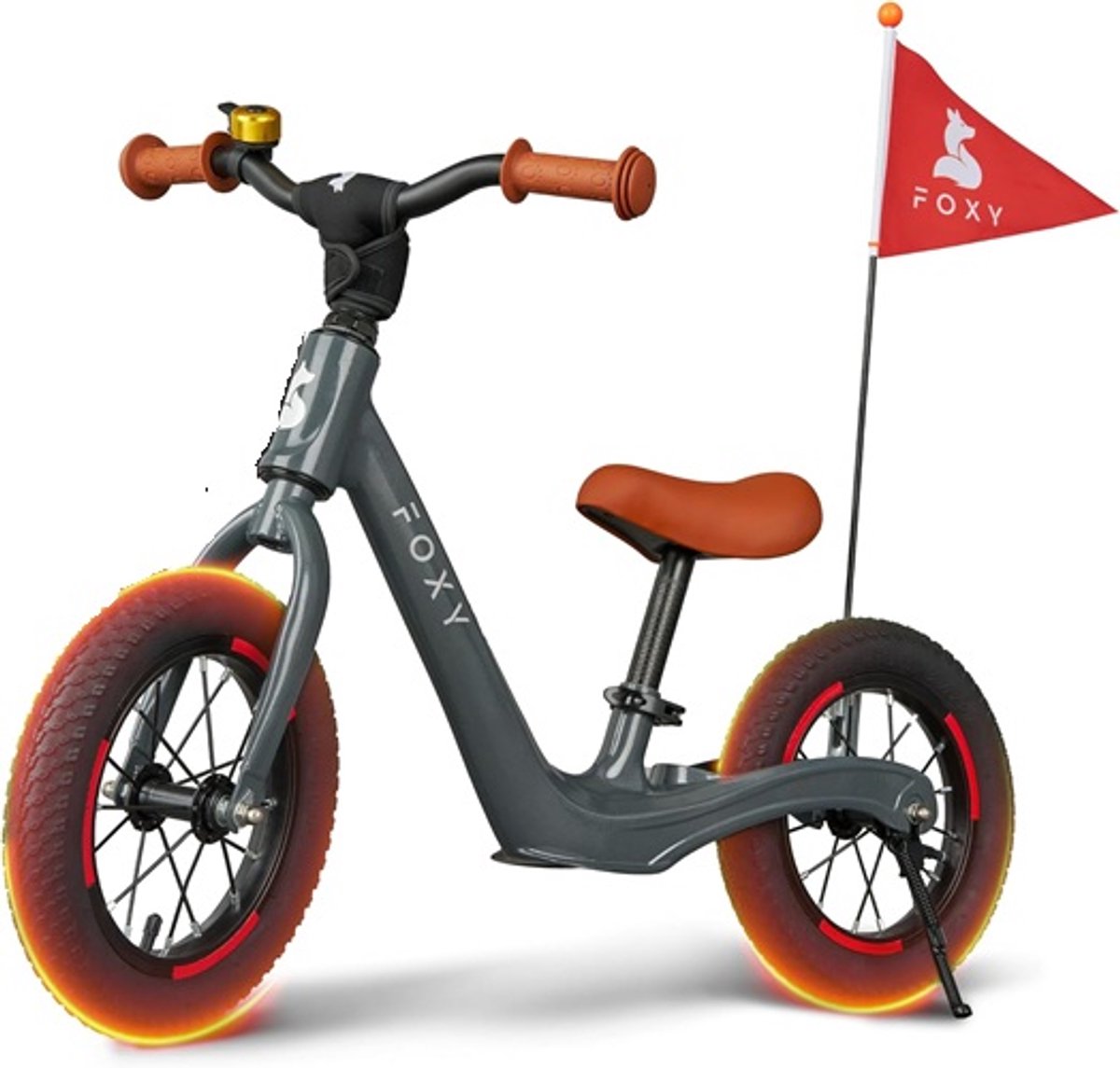 Kinder loopfiets Foxy voor kinderen vanaf 2 jaar - licht frame van magnesium met luchtbanden kleur grijs inclusief fiets standaard, bel en veiligheidsvlag (4270004882407)