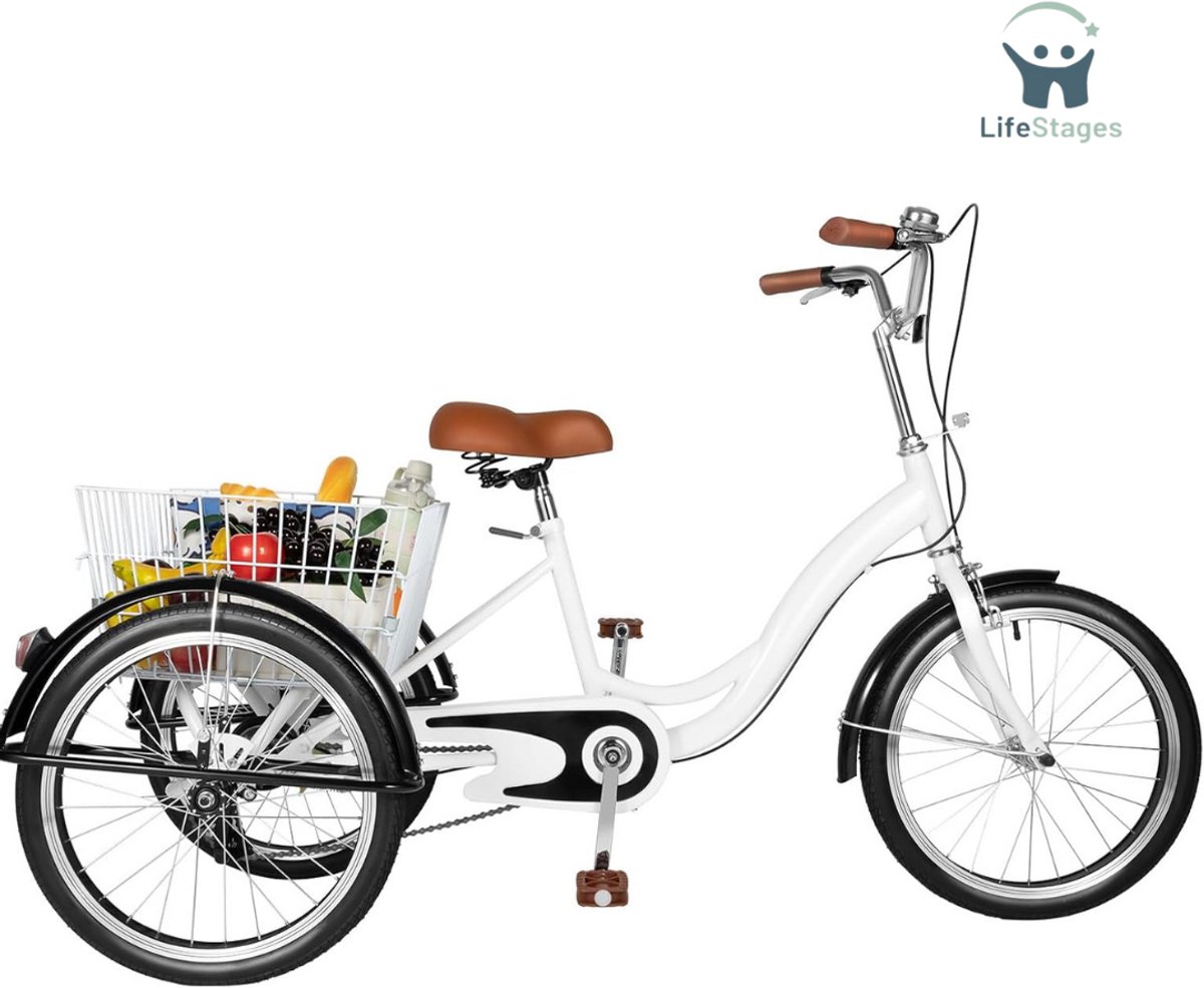 LifeStages - Driewieler Volwassenen - Driewieler - Driewielfiets Volwassenen - Driewielfiets - Driewieler Senioren - 20 Inches - met Boodschappenmandje 3 Wielen - Wit (8721077205281)