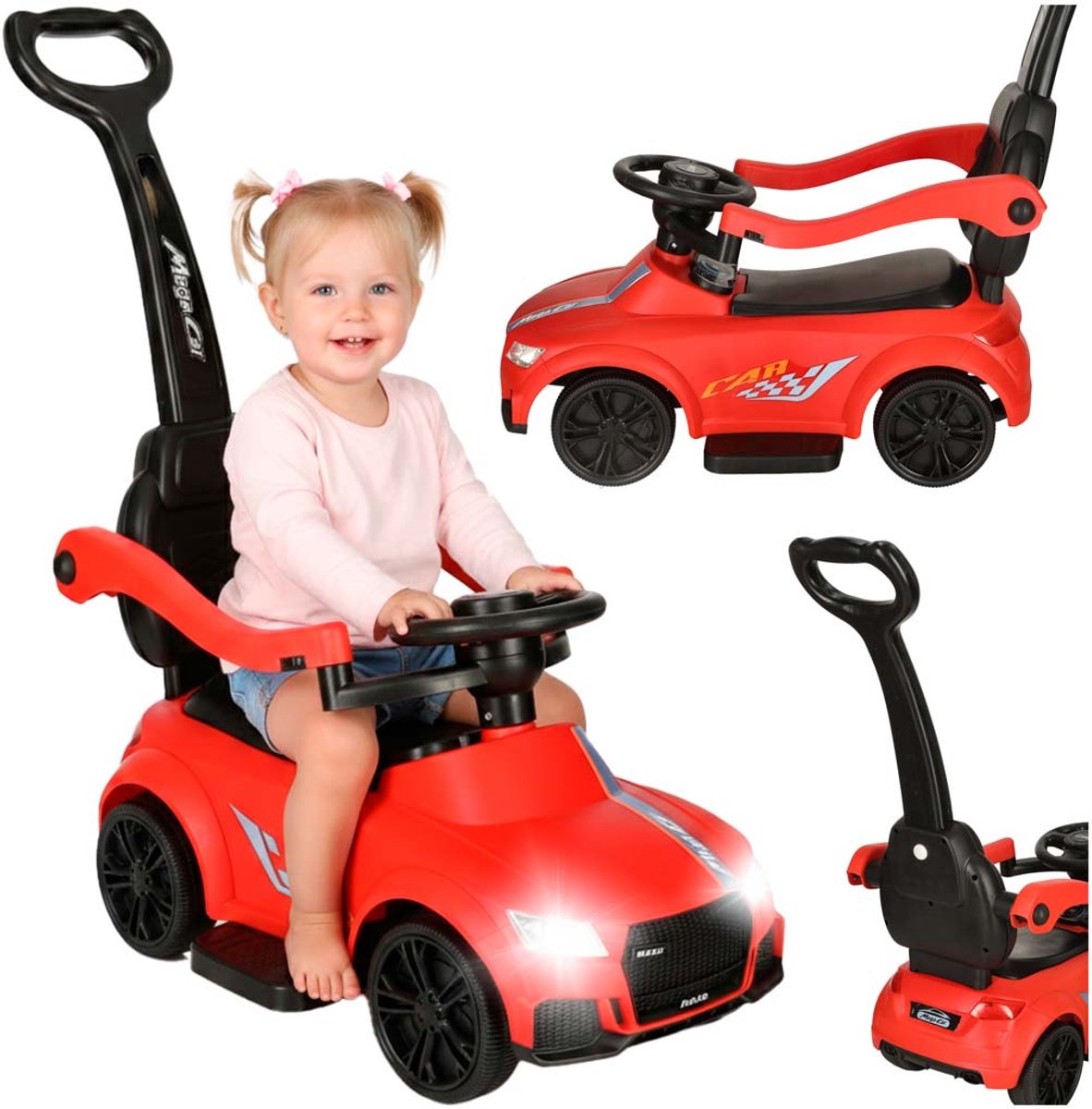 Loopauto 3-in-1 met Duwstang - Kinderauto met Geluid en Verlichting - Rood - Met Rugleuning en Veiligheidsbeugel - Baby Walker en Ride On Auto - Voor Peuters 3-6 Jaar (5903039752511)
