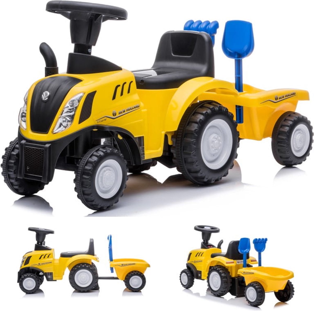 Loopauto Kinderschuifauto New Holland, tractor met aanhanger, kindervoertuig loopauto met claxon, kunststof (Geel) (5907478641412)