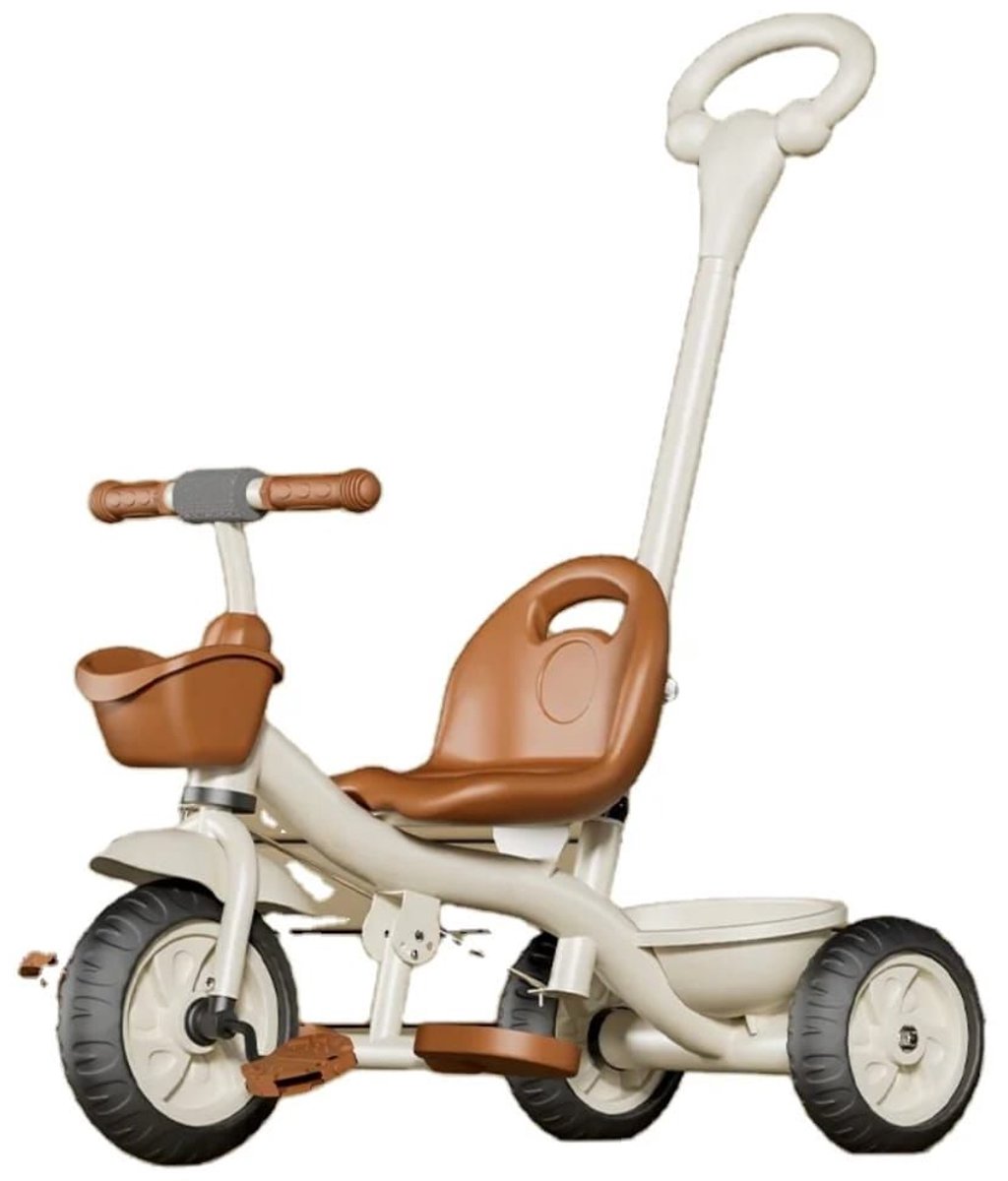 Mogi Products-Luxe Kindendriewieler met Verstelbare Duwstang - 3-in-1 Retro Tricycle - Inclusief Opbergmanden - Crème/Bruin - Voor Kinderen van 1,5 tot 5 Jaar (8720514102169)