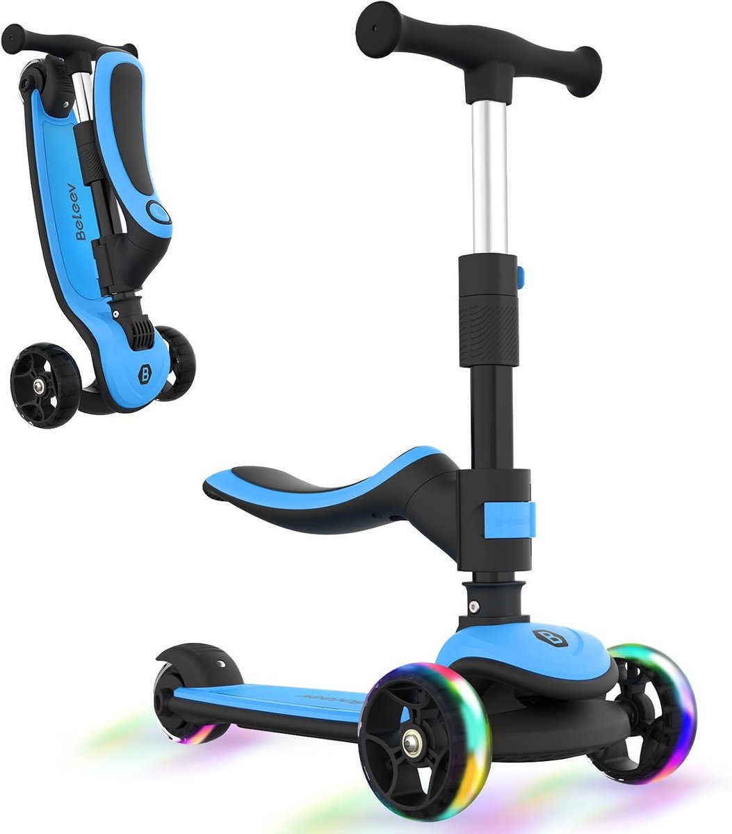 Opvouwbare Kinderstep met Stoel en 3 Verlichte Wielen voor 3-12 Jaar (9101095729430)