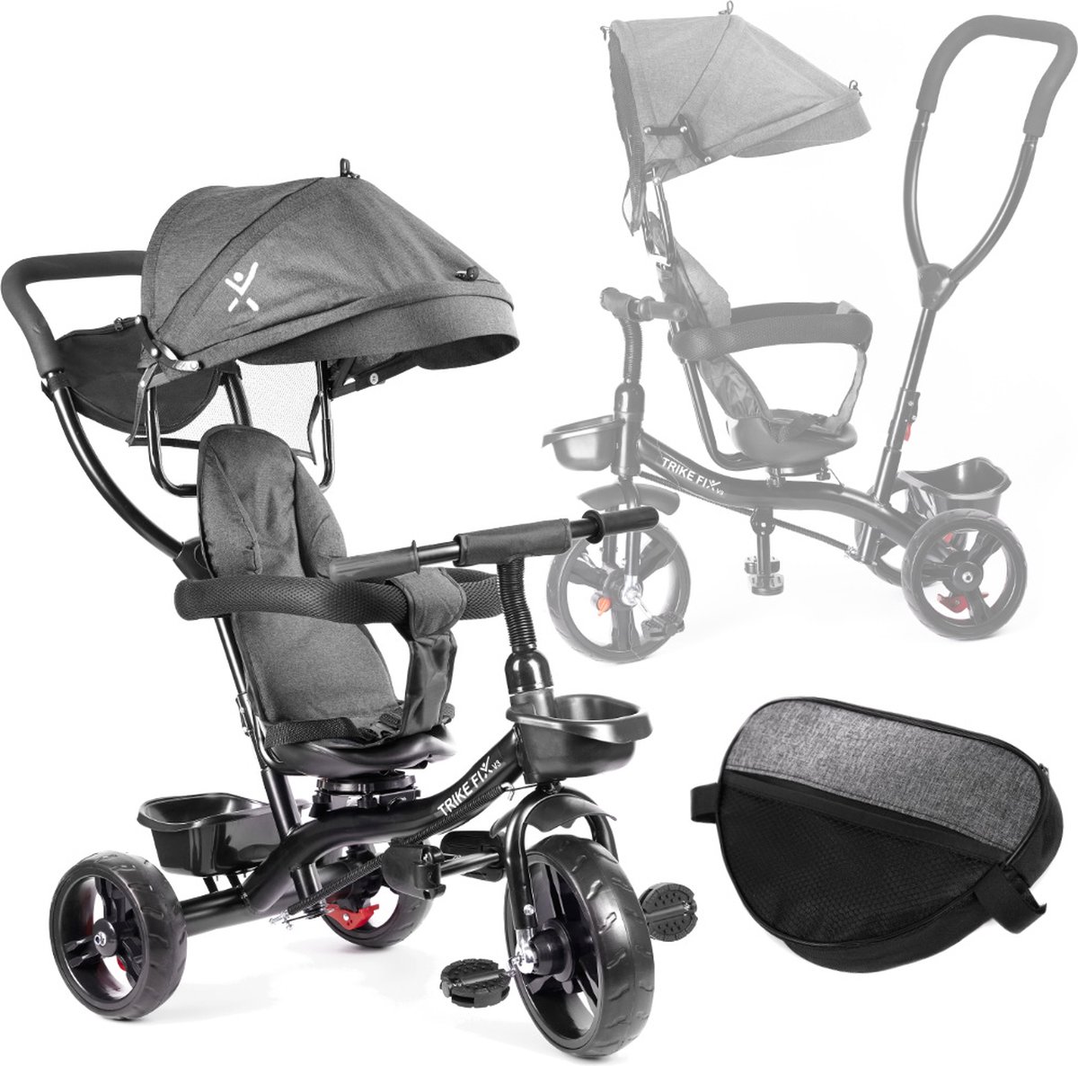 Playos® - Driewieler Duwfiets - Grijs - tot 50 kg - Draaibare Stoel - Trike Lite - Zonnescherm - 1 tot 5 jaar - Multifunctioneel - Kinderwagen - Tricycle - Fiets met Duwstang (8721022053325)