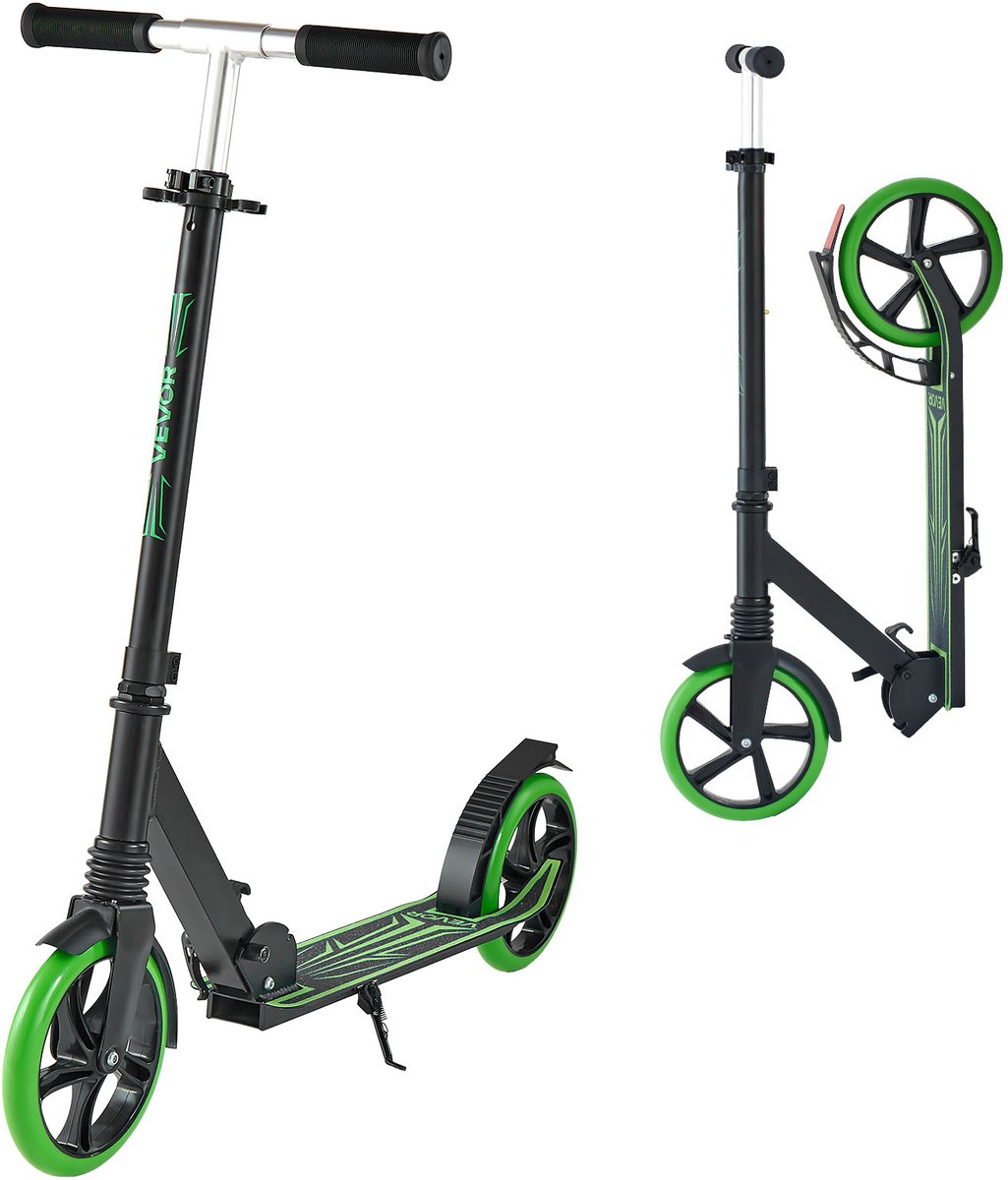 VEVOR Scooter (2 Wielen) voor Kinderen Vanaf 8 Jaar, Stadsscooter, Kinderscooter, Straatscooter met In Hoogte Verstelbaar Stuur en Antislip Deck, Opvouwbare Step tot 100 Kg, Zwart + Groen (0197988897941)