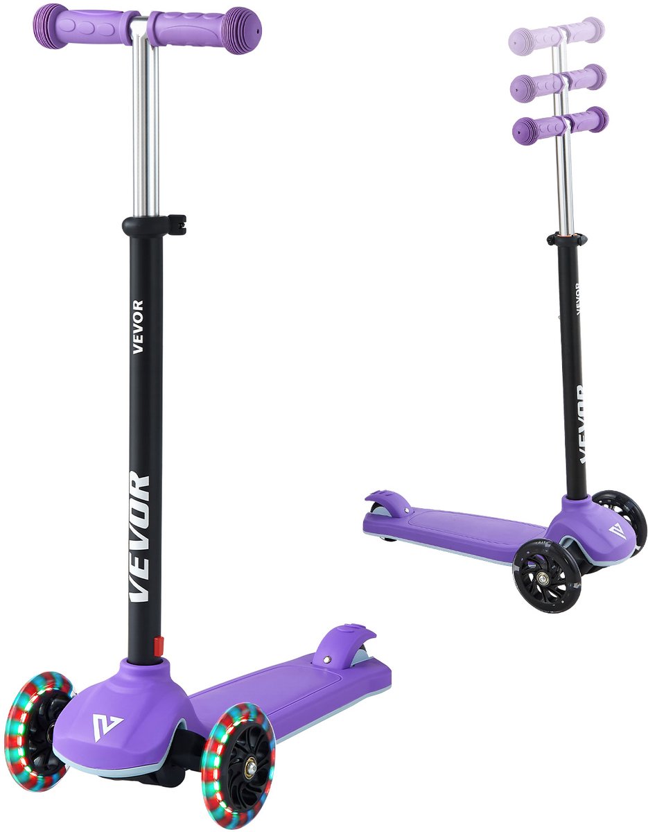 VEVOR Scooter (3 Wielen) voor Kinderen Vanaf 3 Jaar, Stadsscooter voor Kinderen met Lichtgevende Wielen, In Hoogte Verstelbaar Stuur, Antislip Platform en Lichtgewicht Aluminium Frame, Step voor Kinderen tot 75 Kg, Paars (0197988897477)