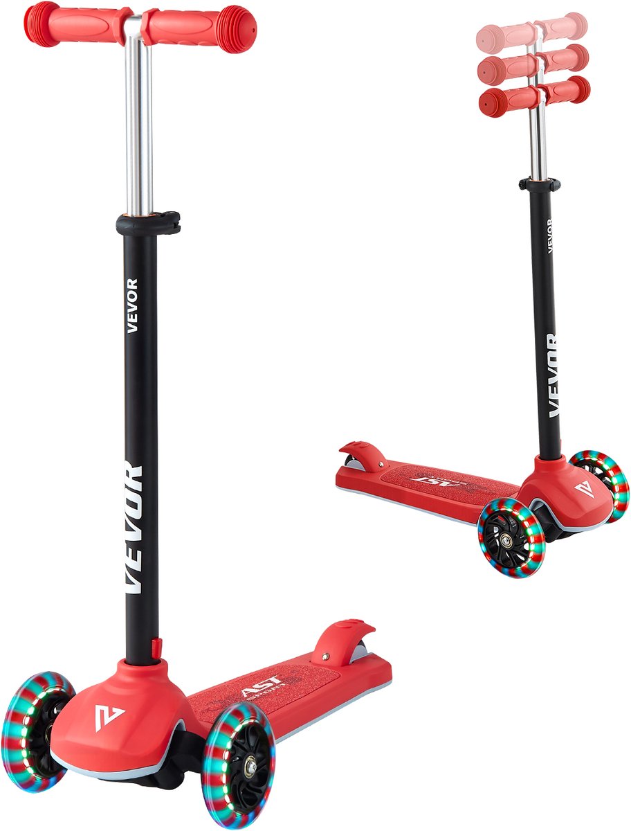 VEVOR Scooter (3 Wielen) voor Kinderen Vanaf 3 Jaar, Stadsscooter voor Kinderen met Lichtgevende Wielen, in Hoogte Verstelbaar Stuur, Antislip Platform en Lichtgewicht Aluminium Frame, Step voor Kinderen Tot 75 KG, Rood (0197988896944)