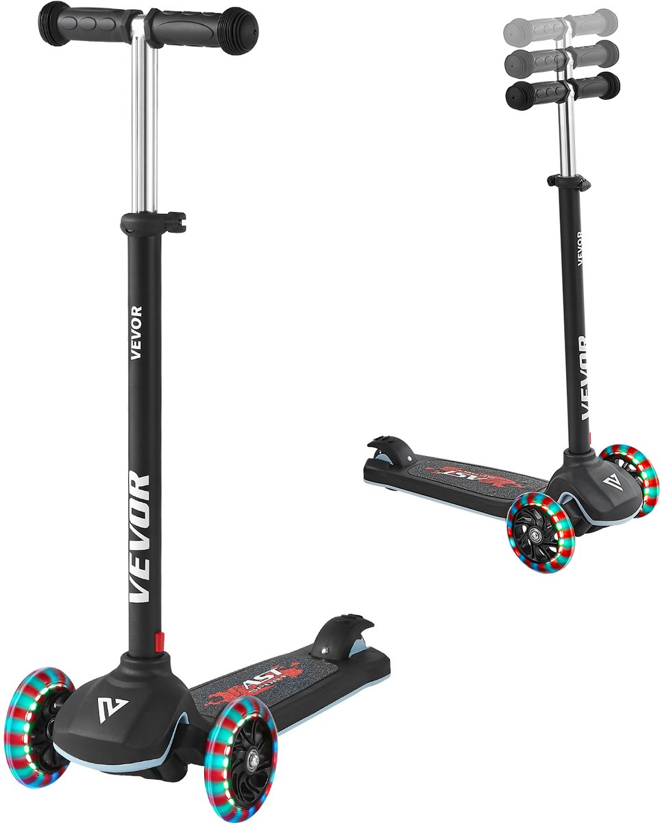 VEVOR Scooter (3 Wielen) voor Kinderen Vanaf 3 Jaar, Stadsscooter voor Kinderen met Lichtgevende Wielen, in Hoogte Verstelbaar Stuur, Antislip Platform en Lichtgewicht Aluminium Frame, Step voor Kinderen Tot 75 KG, Zwart (0197988898689)