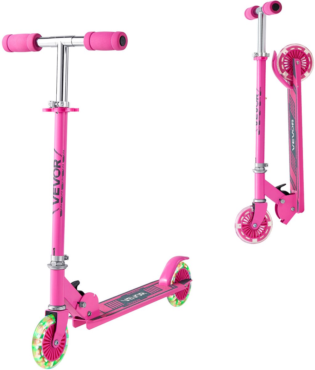 VEVOR Step (2 Wielen) voor Kinderen Vanaf 3 Jaar, Stadsstep, Kinderstep met Lichtgevende Wielen, in Hoogte Verstelbaar Stuur, Antislip Deck en Opvouwbaar Frame, Step Tot 50 KG, Roze (0197988898351)