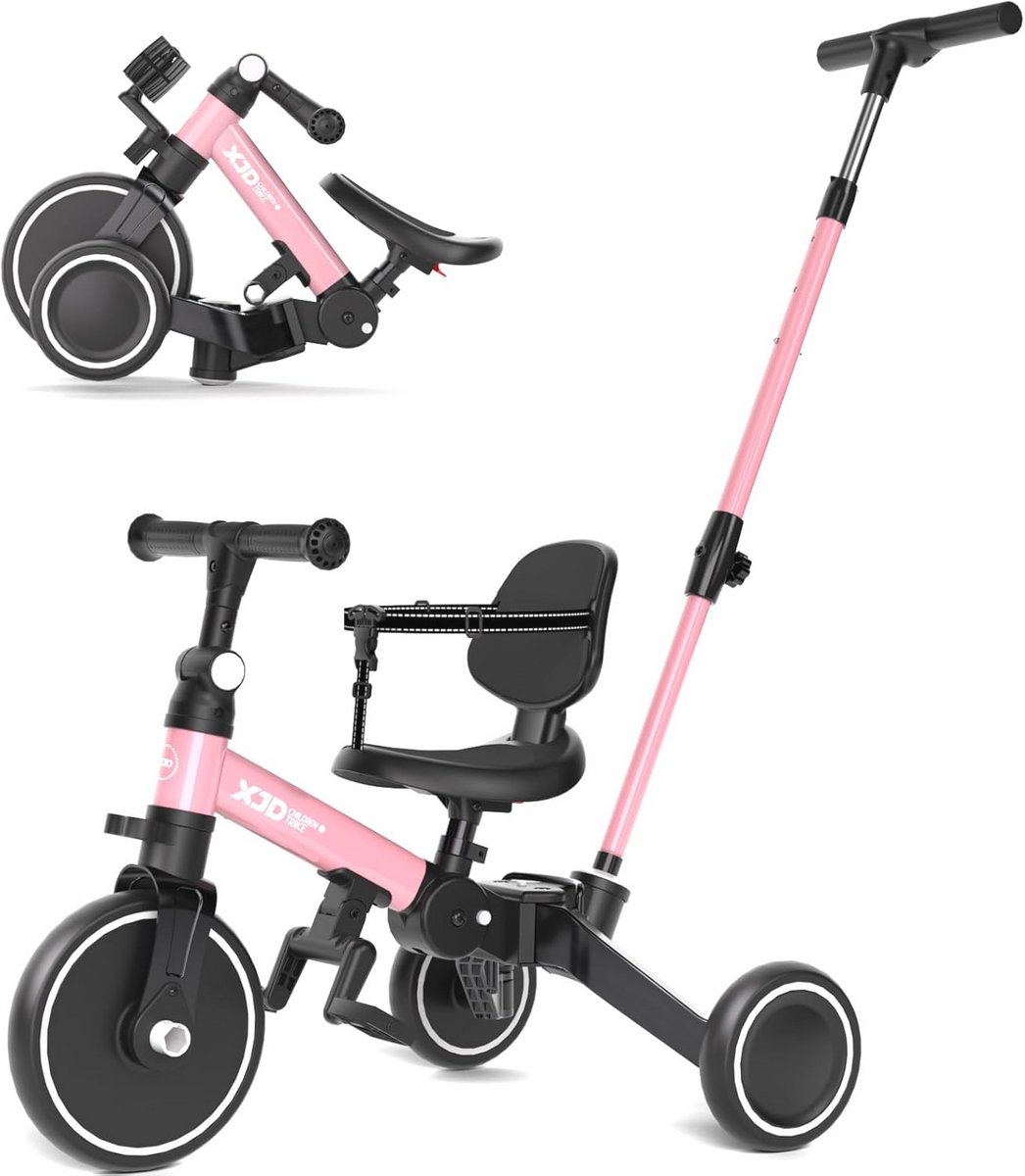 XJD 5-in-1 driewieler, loopfiets vanaf 1 jaar met duwstang voor kinderen vanaf 1 - 4 jaar, loopfiets met afneembare pedalen en verstelbare zitting, kinderdriewieler, babyfiets (roze) (9101042164567)