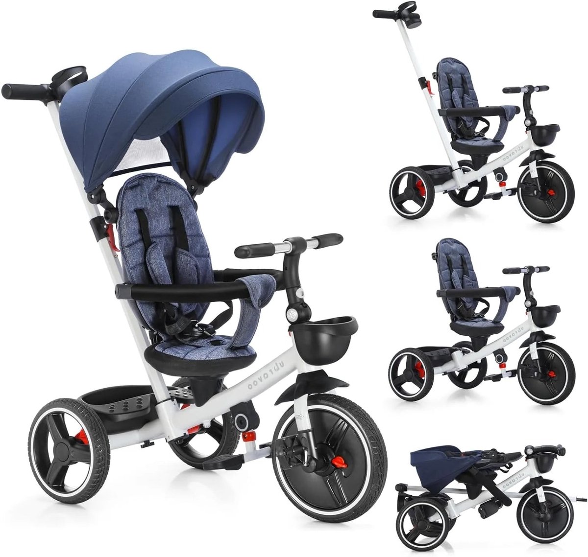 6-in-1 Baby Driewieler - met Duwstang - Driewieler - Kinderen Stuurfiets - Baby Wandelwagen - Verstelbare Zonnekap - Veiligheidsriem - Opvouwbare Pedalen - Verwijderbare Beveiligingsrek - Marineblauw (8721391957439)