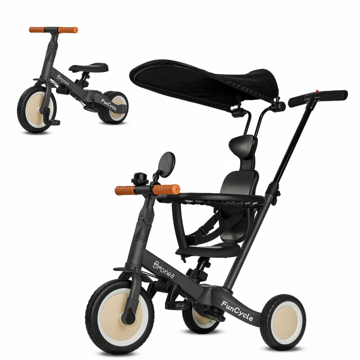 BRONEA® 5-in-1 driewieler vanaf 1 jaar met duwstang | Groeit met je kind mee van driewieler tot loopfiets | Met veiligheidstuigje, zonnedak & accessoires zoals drinkbekerhouder, spiegel, bel | Grey (4260765341633)