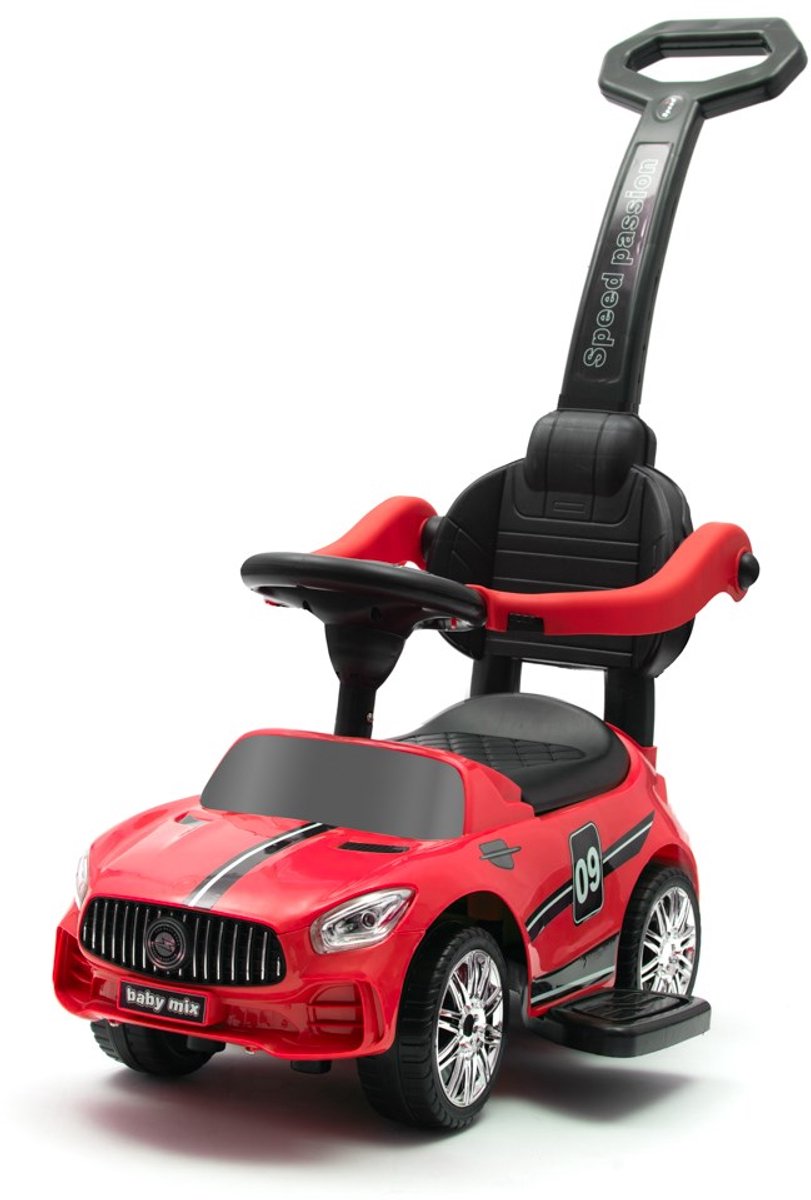 Baby Mix - Loopauto - Racer rood kunststof met geluid en stuurstang - Kinderauto - Speelgoed - Motorische vaardigheden - Zwenkwielen - Wipstoel (5902216920675)