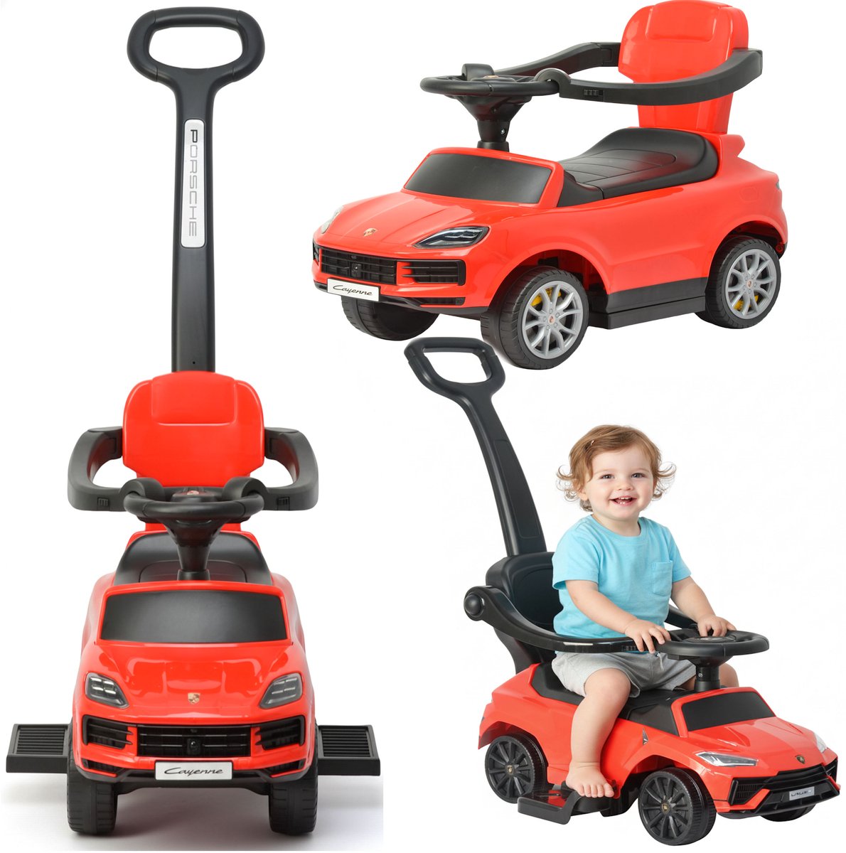 COIL Loopauto Porsche Cayenne - 3-in-1 Kinder Loopauto met Duwstang - Baby Loopwagen met Stuur - vanaf 1 jaar - Rood (4255787504326)