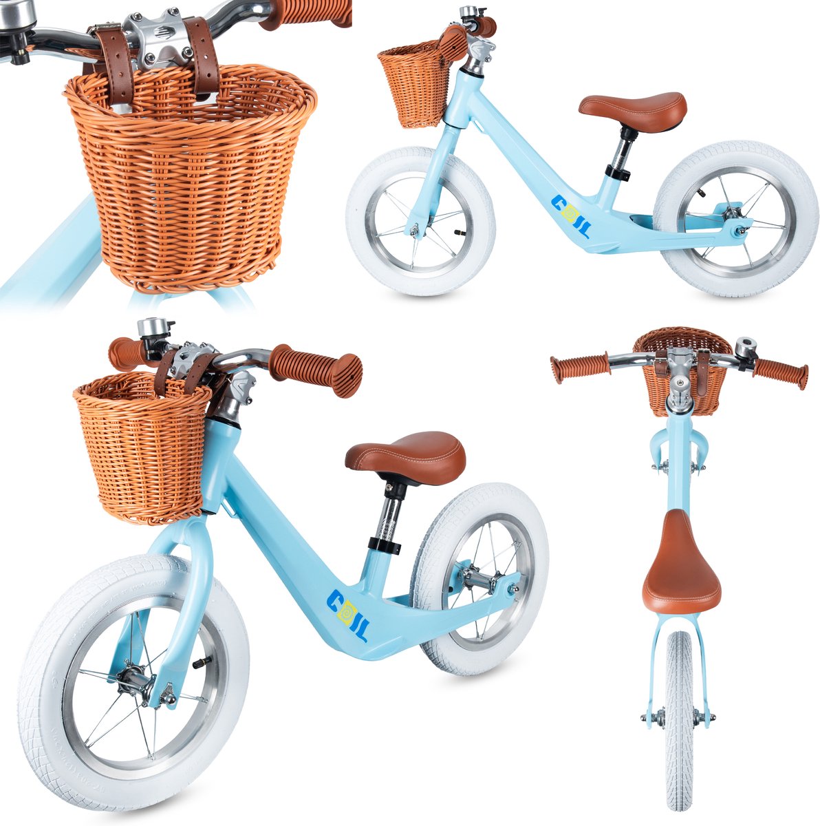 COIL Loopfiets met Rieten Mand - Kinder Loopfiets met Verstelbaar Zadel & Lekvrije Banden - 12 inch wielen - Stijlvol, licht en veilig - Vanaf 2 Jaar - Lichtblauw (4255787502513)