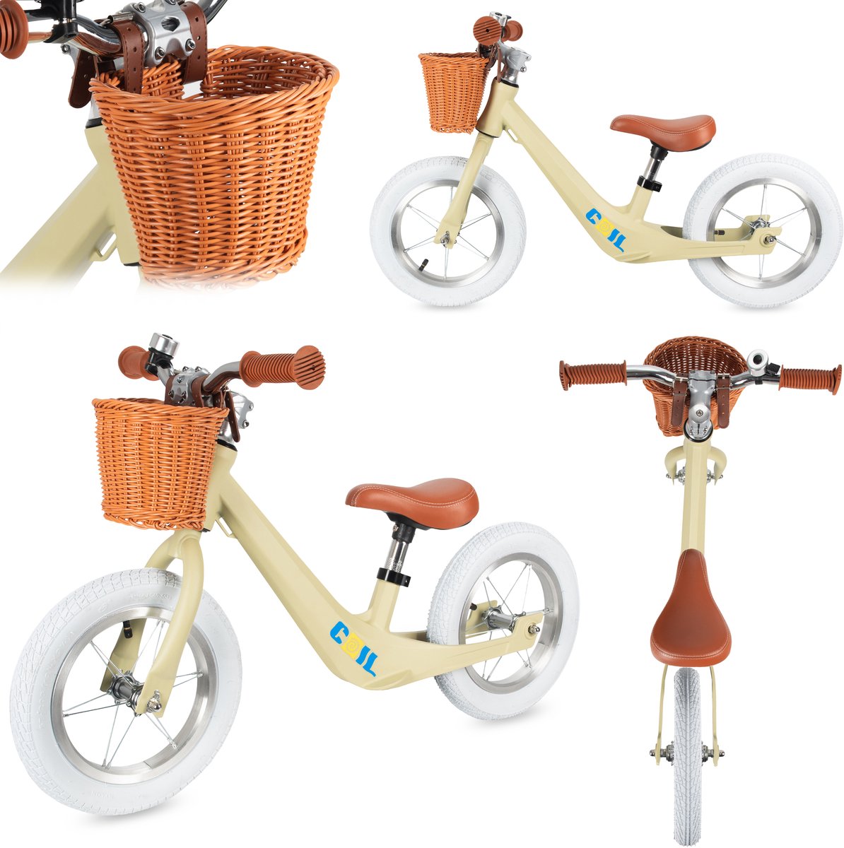 COIL Loopfiets met Rieten Mand - Kinder Loopfiets met Verstelbaar Zadel & Lekvrije Banden - 12 inch wielen - Stijlvol, licht en veilig - Vanaf 2 Jaar - Groente (4255787502520)