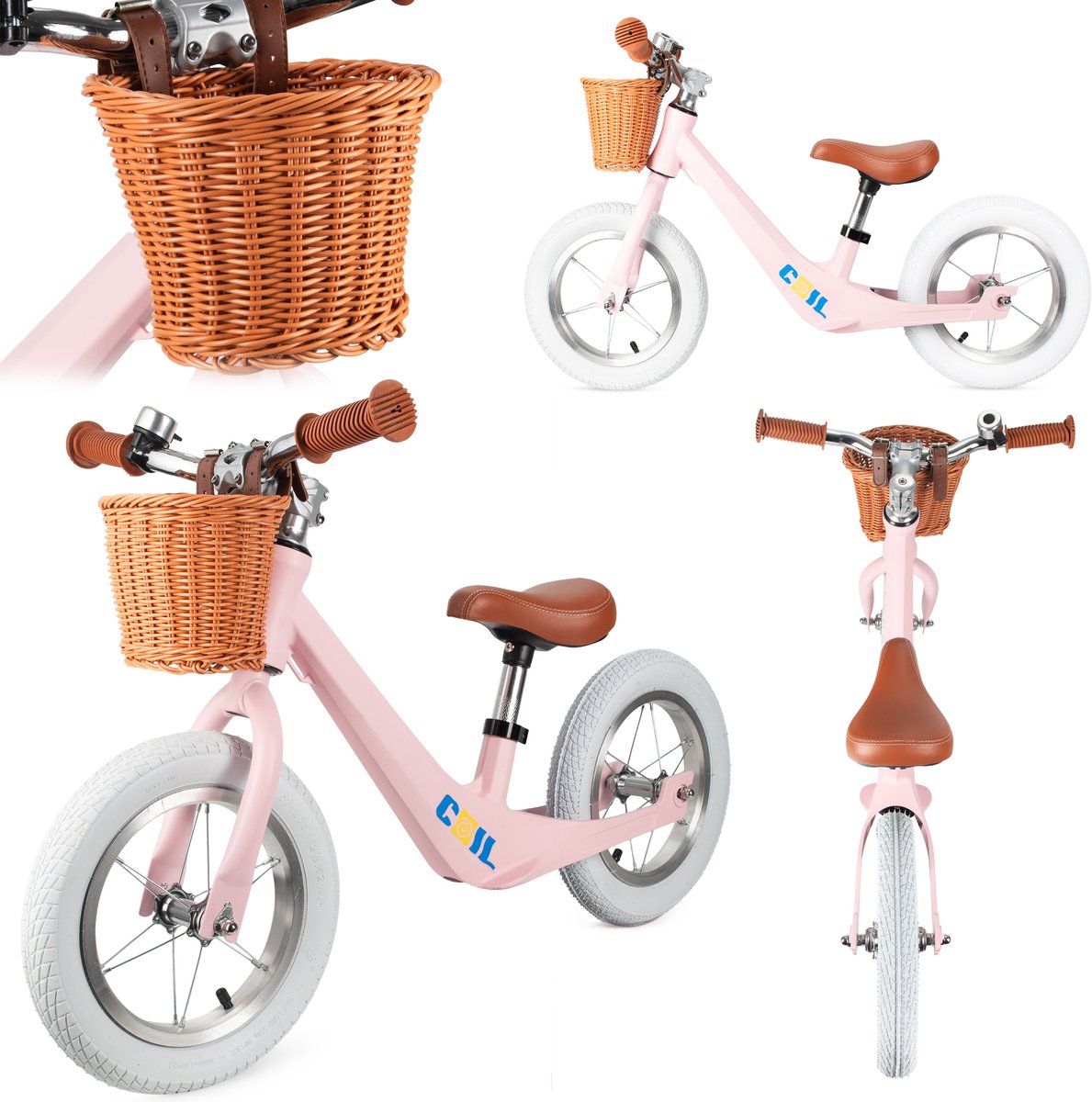 COIL Loopfiets met Rieten Mand - Kinder Loopfiets met Verstelbaar Zadel & Lekvrije Banden - 12 inch wielen - Stijlvol, licht en veilig - Vanaf 2 Jaar - Roze (4255787502544)