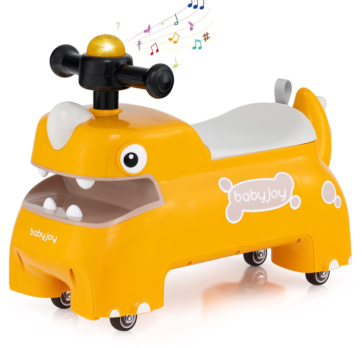 COSTWAY Glijauto, glijvoertuig met opbergruimte onder de zitting, dinosaurus, schuifvoertuig met verlichting, muziek en claxon, glijbaan auto voor kinderen vanaf 1 jaar (geel) (0672669048015)