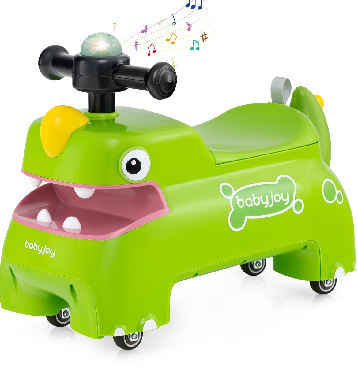 COSTWAY Glijauto, glijvoertuig met opbergruimte onder de zitting, dinosaurus, schuifvoertuig met verlichting, muziek en claxon, glijbaan auto voor kinderen vanaf 1 jaar (groen) (0672669047995)