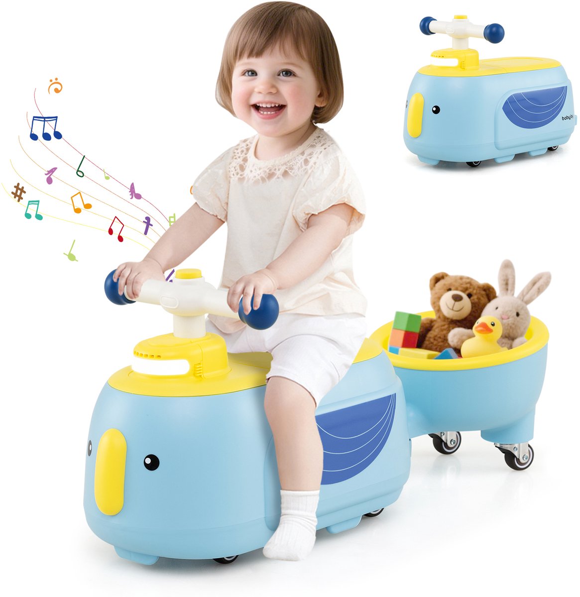 COSTWAY Glijauto met aanhanger, glijvoertuig met licht, muziek en opbergruimte onder de stoel, glijvoertuig voor binnen en buiten, voor kinderen vanaf 1 jaar (blauw) (0672669048039)
