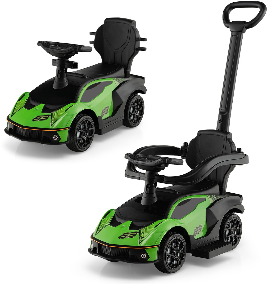 COSTWAY Lamborghini, glijauto met schuifstang en opbergruimte, schuifauto met stuurwiel, claxon en motorgeluid, 3-in-1 glijbaan voor kinderen vanaf 1 jaar (groen) (0672669048053)