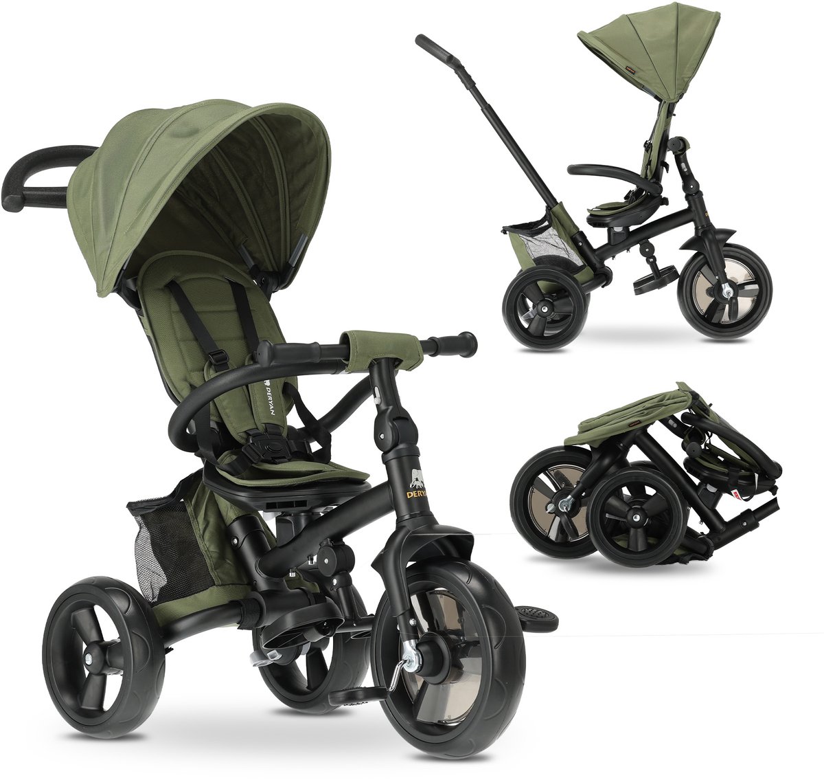 Deryan Explorer Luxe Driewieler met duwstang - Opvouwbaar met mandje groen (8721249883965)
