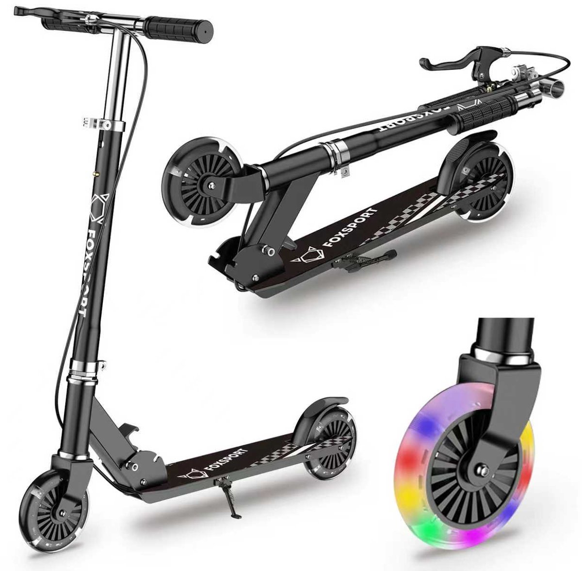 FOXSPORT Kinderstep - Step - Met handrem - Hoogteverstelling op drie niveaus - Speelgoed Jongens/Meisjes - Draagkracht tot 100 kg -120mm Lichtgevende Wielen - Zwart (8721325702531)