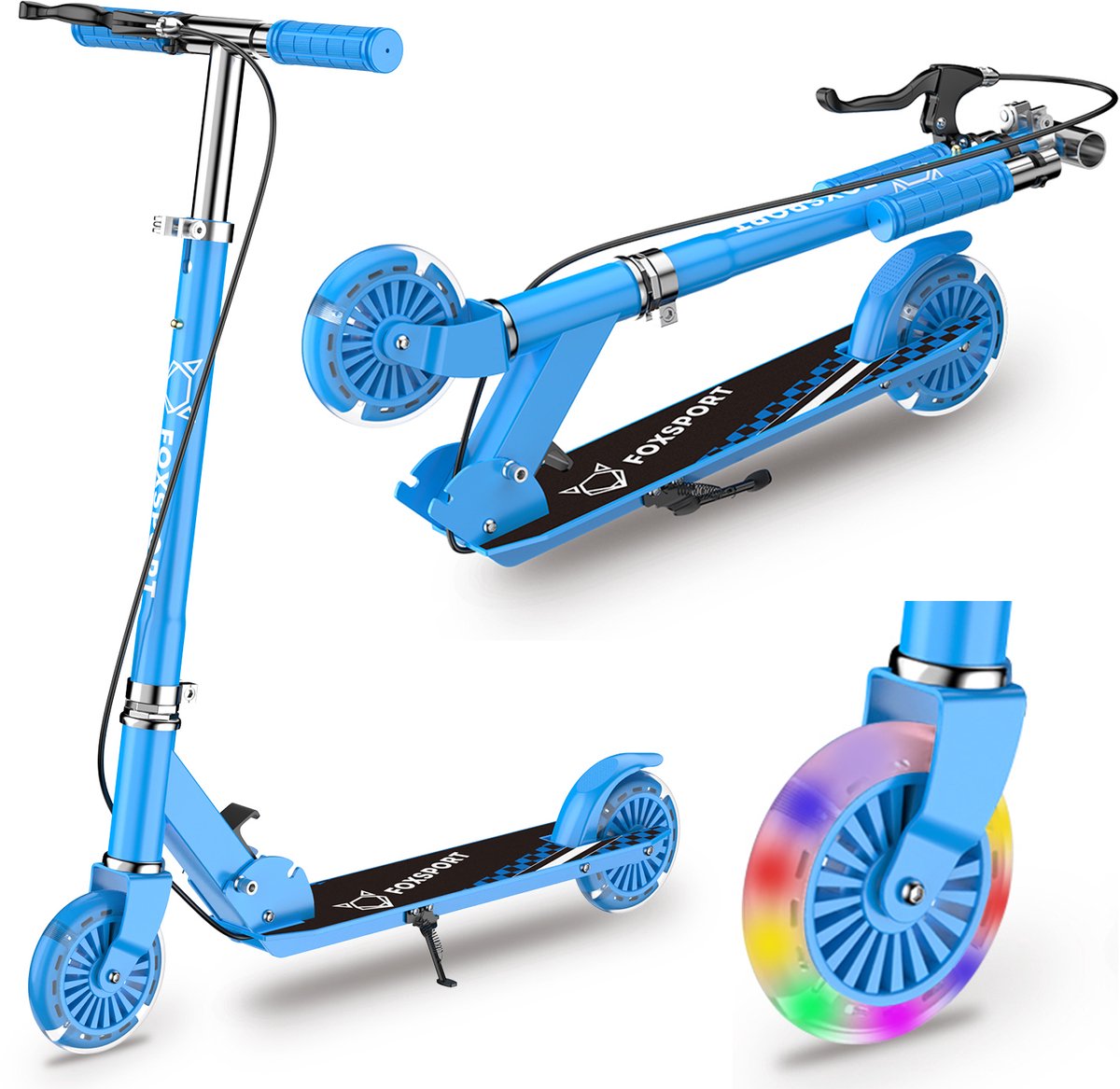 FOXSPORT Kinderstep - Step - Met handrem - Hoogteverstelling op drie niveaus - Speelgoed Jongens/Meisjes - Draagkracht tot 100 kg -120mm Lichtgevende Wielen - Blauw (8721325702548)