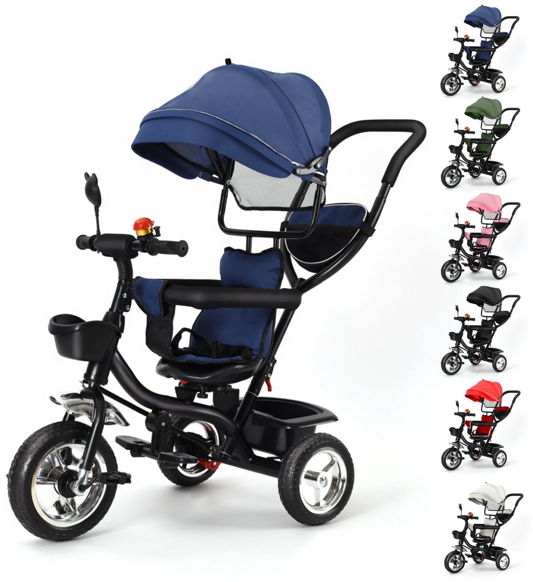 Jently driewieler - driewieler met duwstang - kinderwagen - draaibare zitting - inklapbare luifel - donkerblauw (8721551380893)
