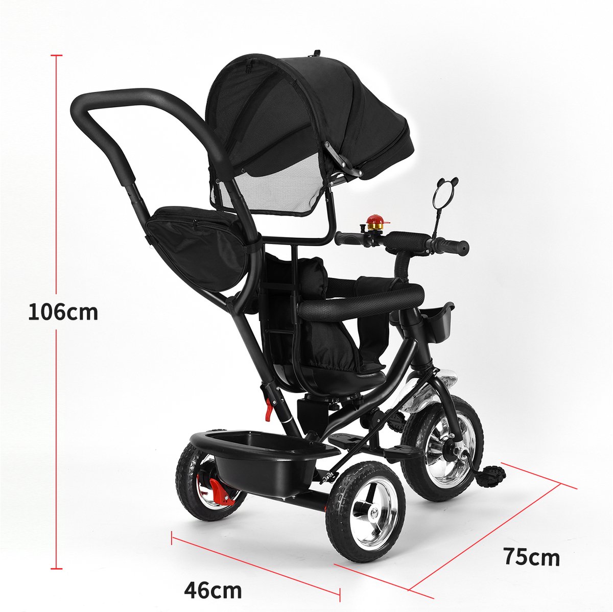 Jently driewieler - driewieler met duwstang - kinderwagen - draaibare zitting - inklapbare luifel - zwart (8721551380879)