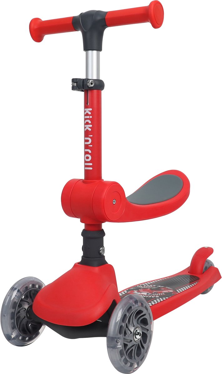 Kick'n'Roll K4 2-in-1 Kinderstep - 3 Wiel Step met LED Wielen - Verstelbaar Stuur - Opvouwbare Kinderstep vanaf 3 Jaar - Antislip Deck - Max 50 kg - Rood (6973383152045)