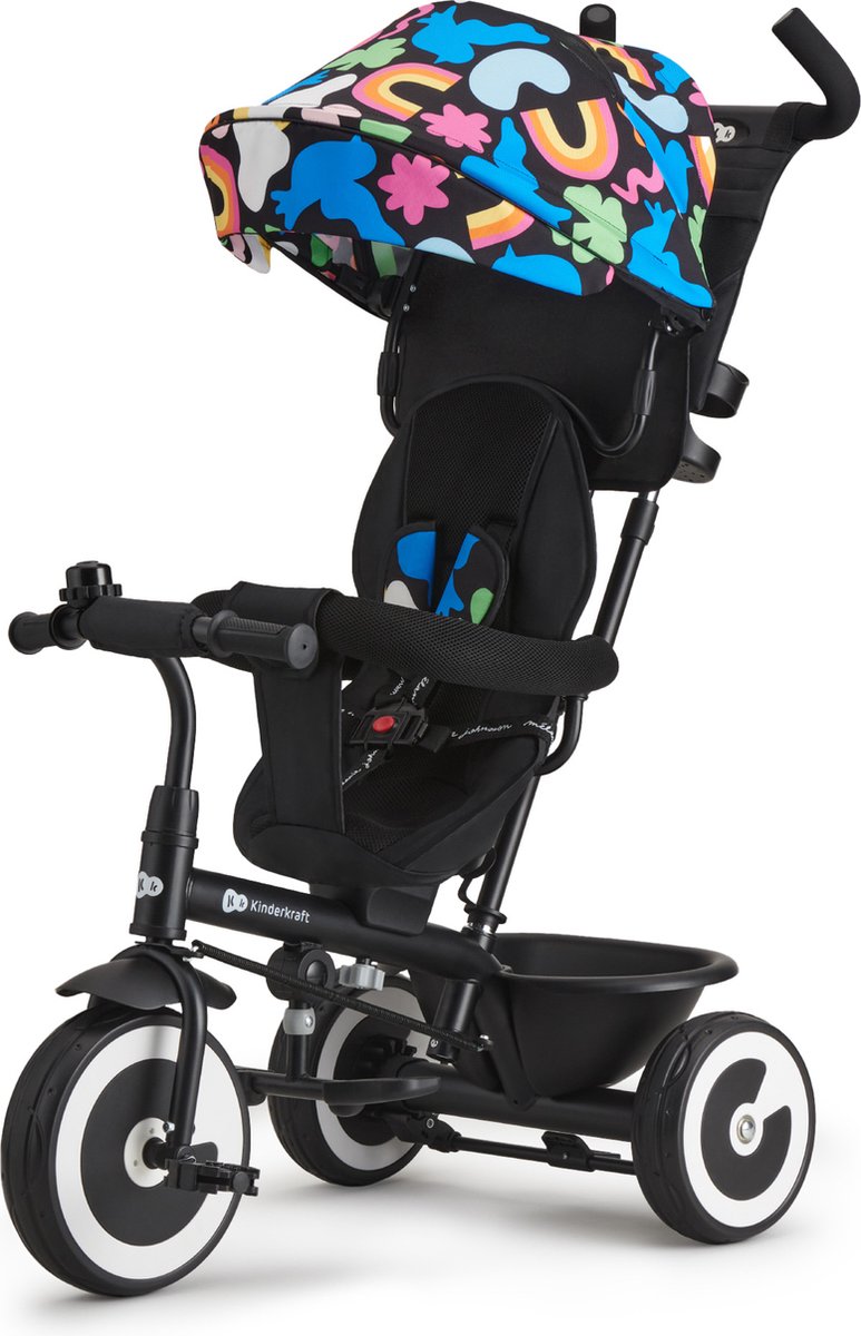 Kinderkraft ASTON Driewieler - Voor 9 Maanden tot 5 Jaar - Draaibare Zitting, Verstelbare Duwstang, Lekvrije Wielen en Veiligheidsgordels - Happy Shapes (5902533925643)