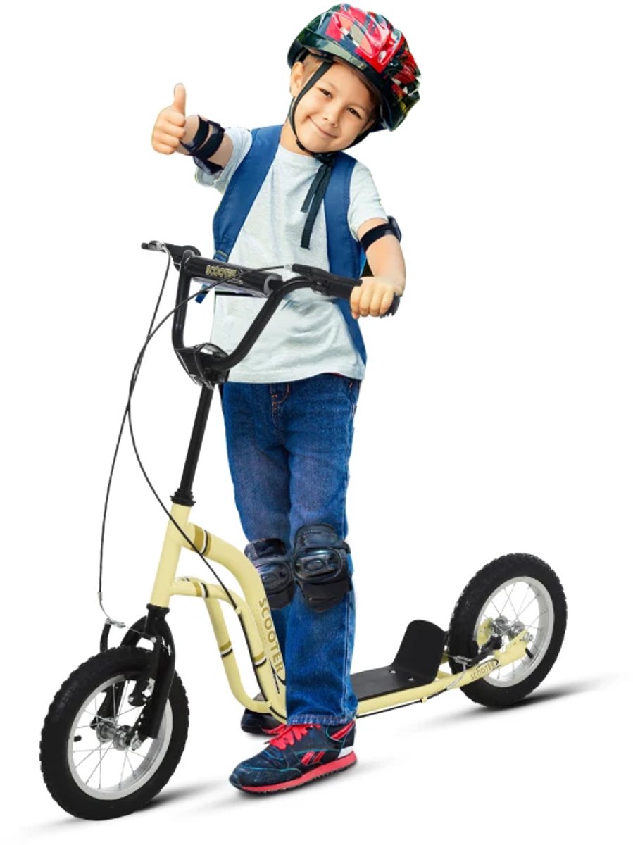 Kinderstep - Kinderstepjes met 12-inch luchtbanden en Handrem - Step - Stadsstep - Stuurhoogte: 85-95 cm - Speelgoed Jongens/Meisjes vanaf 5 jaar - Tieners & Volwassenen - Draagkracht tot 100 kg - Beige (8721317509834)