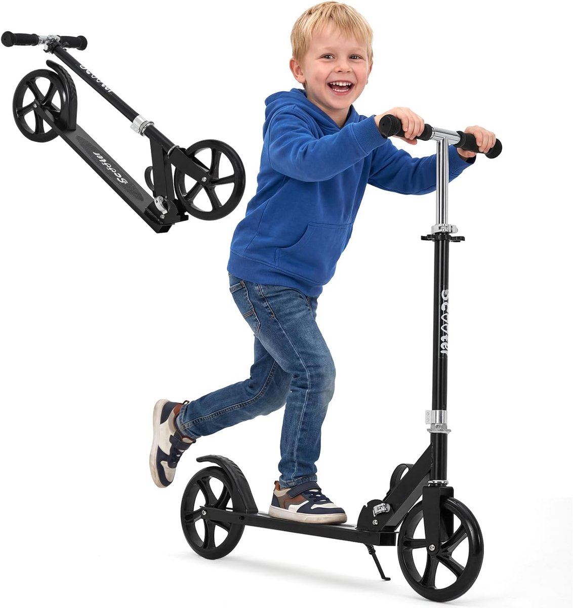 Opvouwbare Kinderstep met Grote Wielen (200mm) - Step met Lichtgevende Wielen - In Hoogte Verstelbaar (4 Standen) - Vanaf 6 Jaar - Max 100 kg - Zwart (6950000119322)