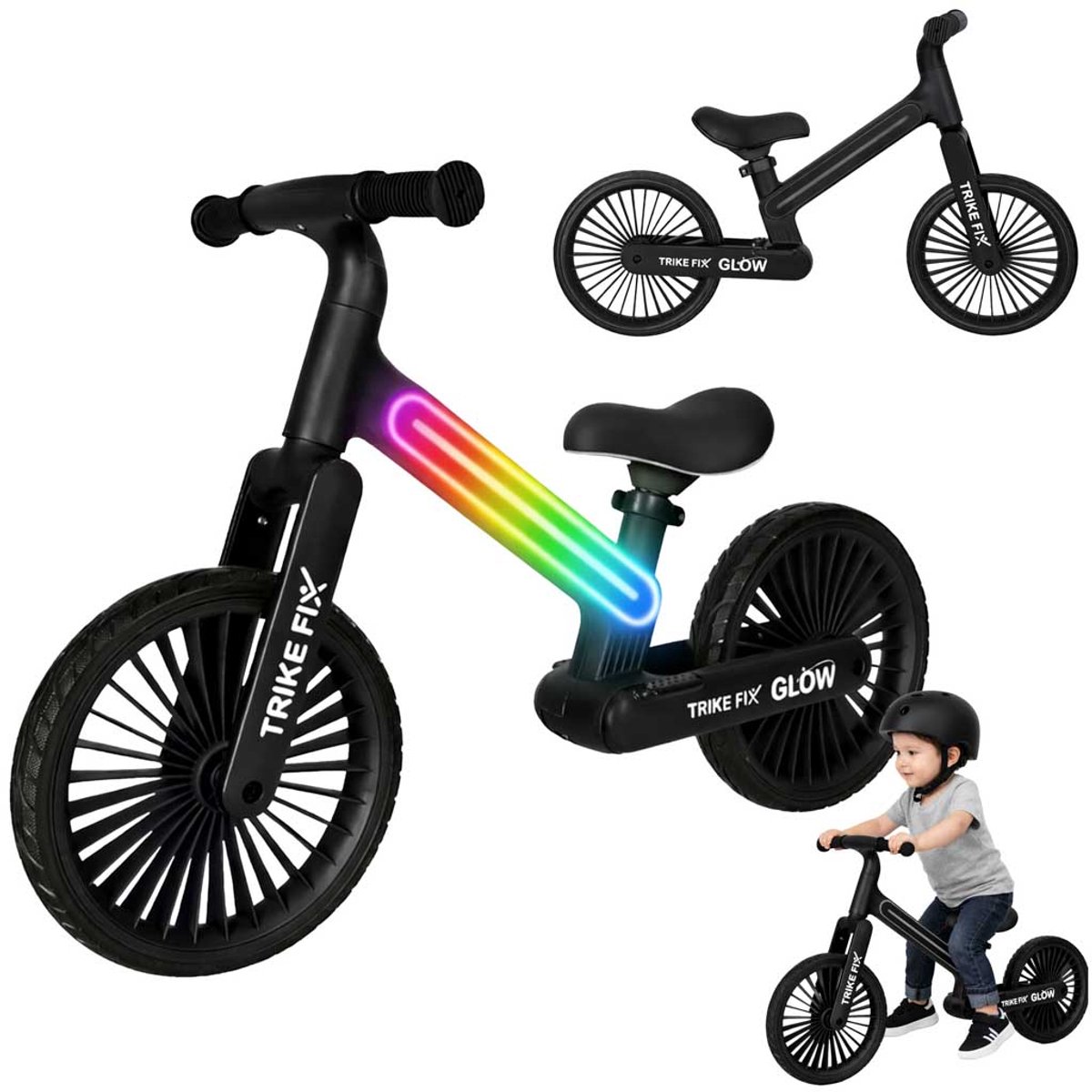 Playos® - Balansfiets - Zwart - met Aanpasbare LED Verlichting - tot 30 kg - van 2 tot 5 jaar - Verstelbaar - Lichtgewicht - Loopfiets - Fiets (8721447981623)