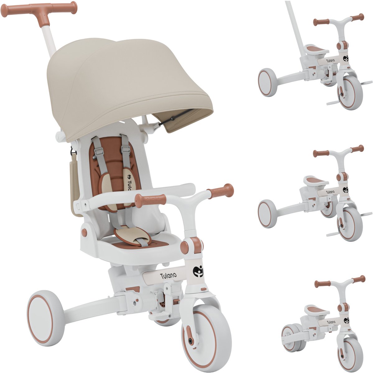 Tulano Noah 35 - Driewielige fiets - 4-in-1 driewielige fiets met duwstang, driewielige fiets om zelfstandig te rijden, loopfiets, loopfiets - met waterdichte kap - opvouwbaar - wielen van EVA-schuim - Beige (5903796019469)