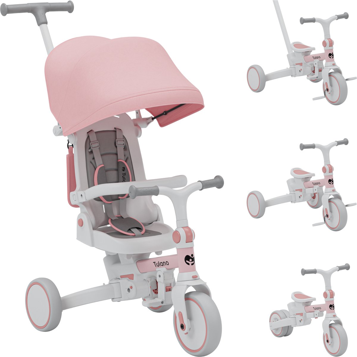 Tulano Noah 35 - Driewielige fiets - 4-in-1 driewielige fiets met duwstang, driewielige fiets om zelfstandig te rijden, loopfiets, loopfiets - met waterdichte kap - opvouwbaar - wielen van EVA-schuim - Roze (5900415031093)