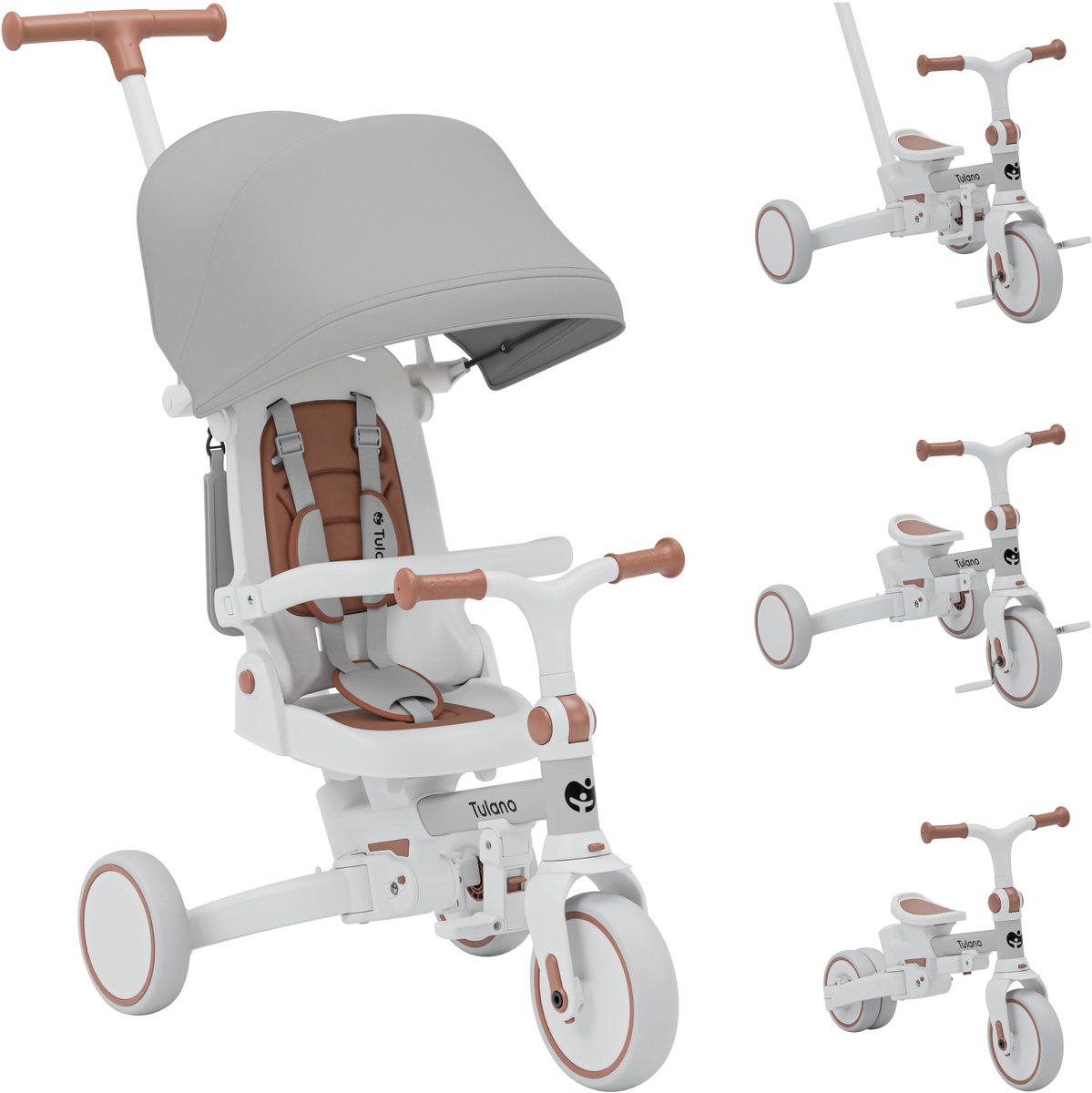 Tulano Noah 35 - Driewielige fiets - 4-in-1 driewielige fiets met duwstang, driewielige fiets om zelfstandig te rijden, loopfiets, loopfiets - met waterdichte kap - opvouwbaar - wielen van EVA-schuim - grijs (5900415031086)