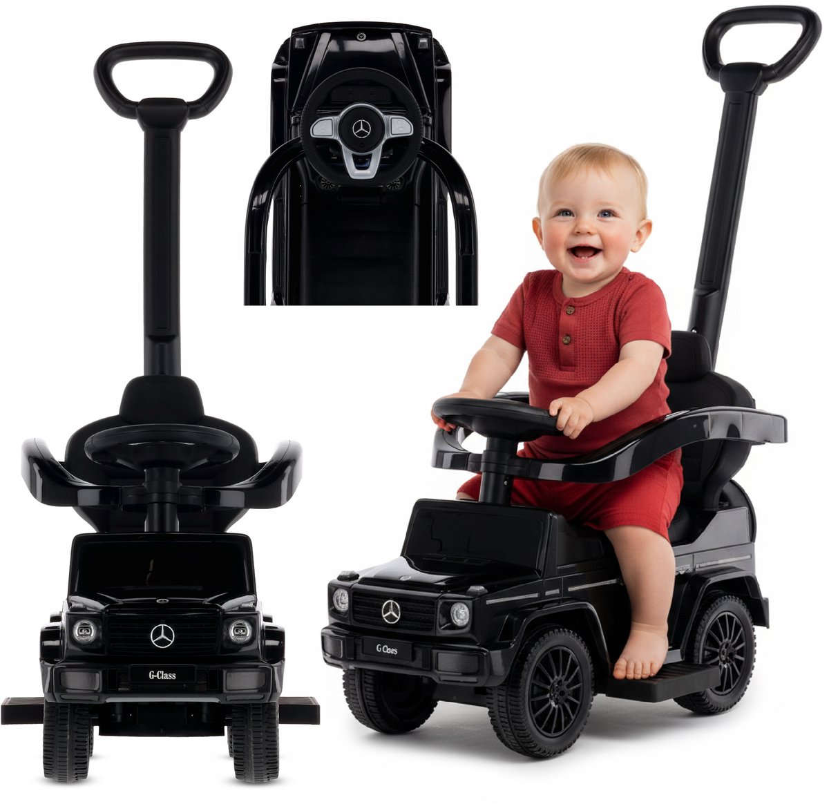 sun baby Duwauto voor kinderen, loopauto Mercedes Benz G met vergunning vanaf 12 maanden met stuur met geluid, kunststof stoel en wielen, duwstang, opbergvak onder stoel, nepreservewiel (Zwart) (5907478642389)