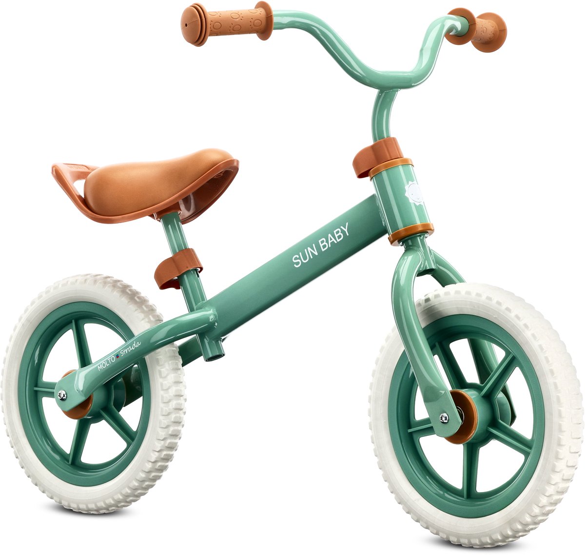 sun baby Loopfiets voor Kinderen 2 Jaar, Loopfietsen Molto Strada met schuimrubberen banden, verstelbaar zadel en stuur, stalen frame - Sage Green met witte banden (5905525356814)