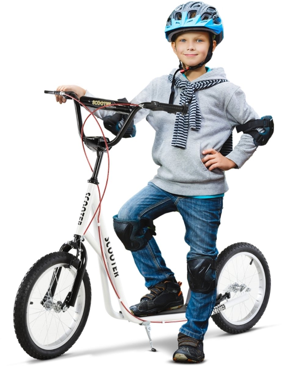 16 Inch Kinderstep Wit - Opvouwbare Stadsstep met Luchtbanden & Handrem | Verstelbaar Stuur (90-96 cm) voor Kinderen vanaf 5 Jaar - Max. 100 kg (4896009085379)