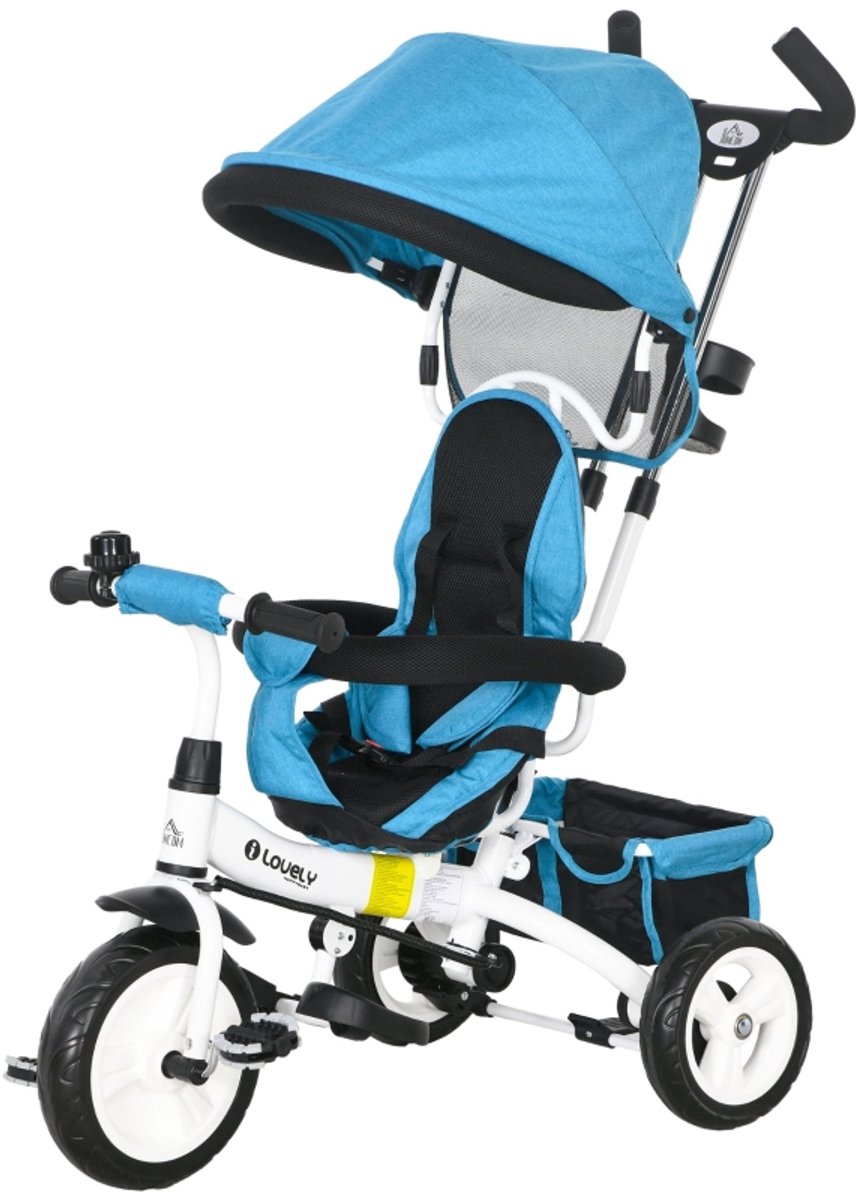 6-in-1 Driewieler met Duwstang - Afneembaar Zonnedak - 5-Punts Veiligheidsgordel - Opbergmand & Bekerhouder - Voor Kinderen van 1-5 Jaar - Blauw (4896028776517)