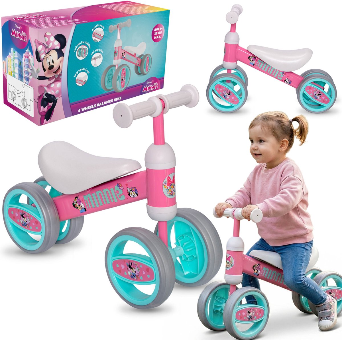 DISNEY Minnie Mouse Meisjesloopfiets met 4 wielen, lichtgewicht, van metaal, eerste fietsje, loopfiets 1+ (5906555049585)